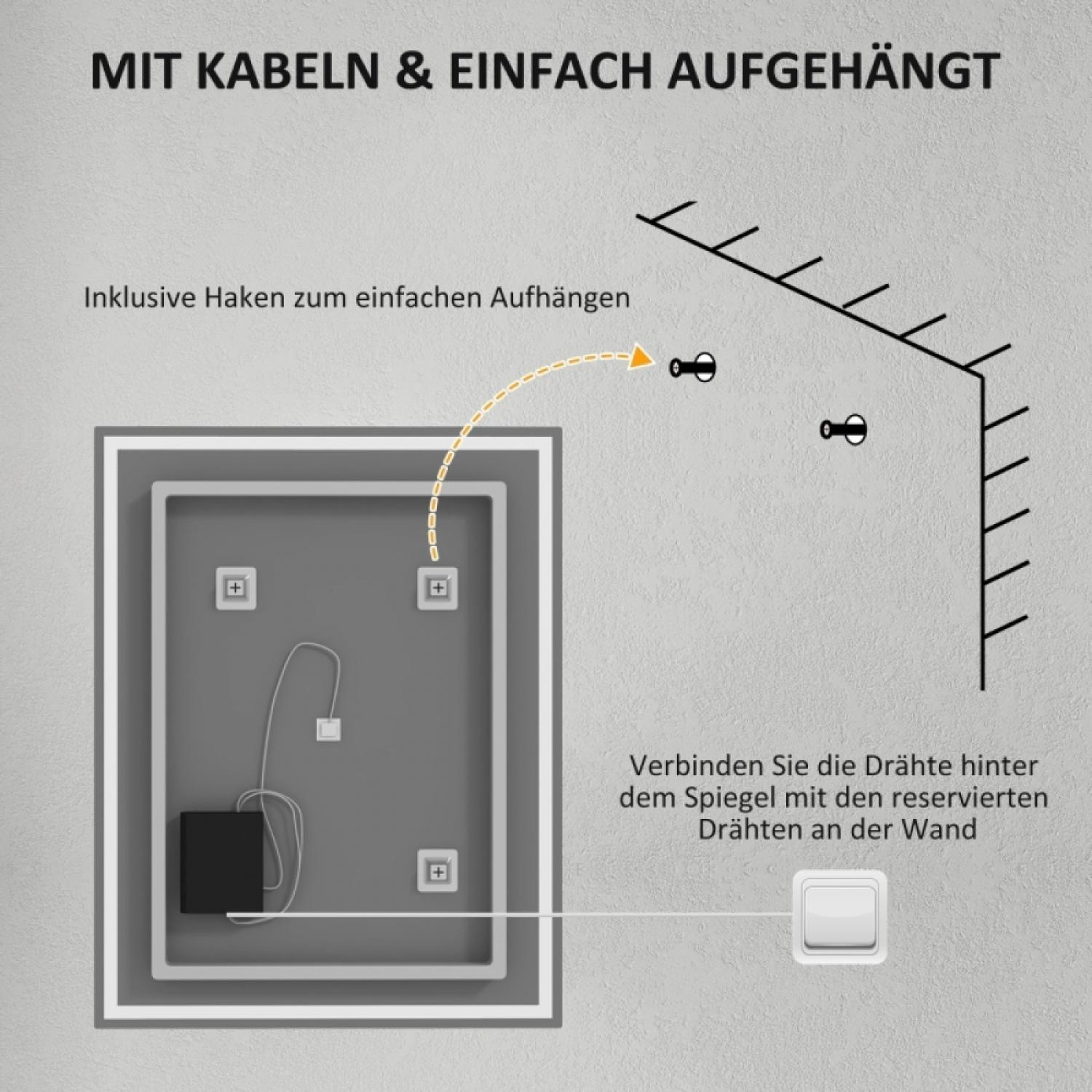 Anleitung zum Aufhängen eines Spiegels mit Kabelverbindung und Haken.