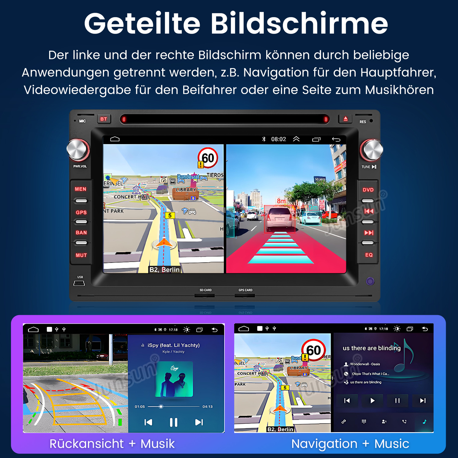 Autoradio mit geteiltem Bildschirm: Navigation, Rückfahrkamera und Musik.