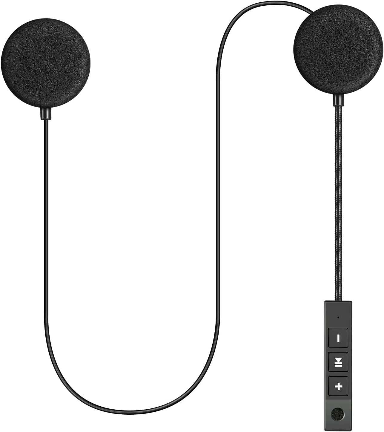 Zwei schwarze runde Ohrhörer mit Kabel und Steuerbox.