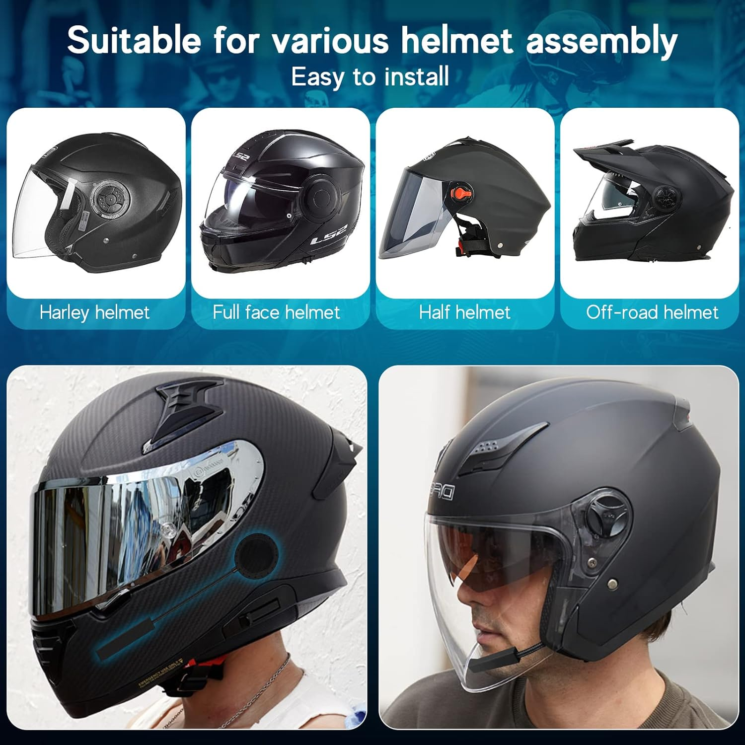Vier Motorradhelme: Harley, Integral-, Halb- und Offroad-Helm.