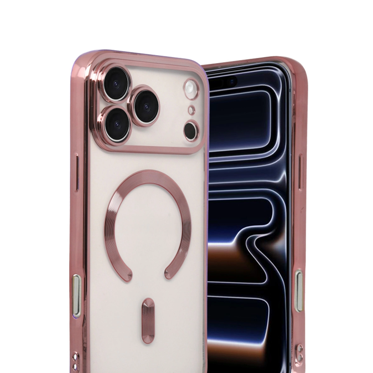 Beyaz arka plan üzerinde iki adet rose gold kasalı iPhone.