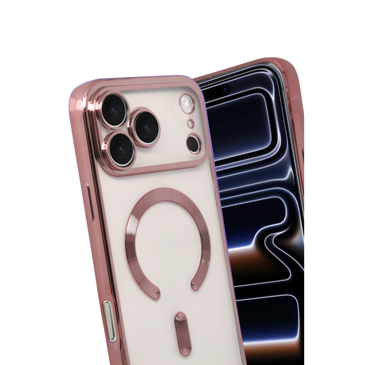 Kameralı ve manyetik halkalı rose gold iPhone kılıfı, yanında başka bir iPhone.