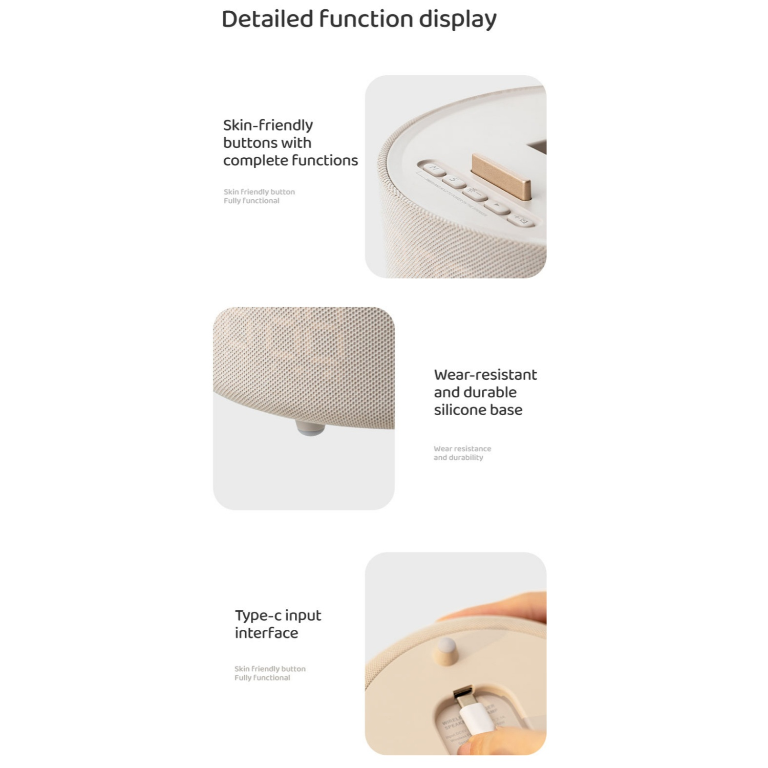 Nahaufnahme eines beigen Lautsprechers mit Knöpfen, Silikonbasis und USB-C-Anschluss.