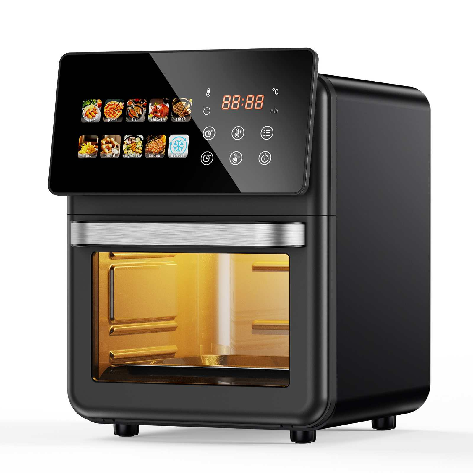 Schwarzer Heißluftfritteuse mit Digitaldisplay und Kochsymbolen.