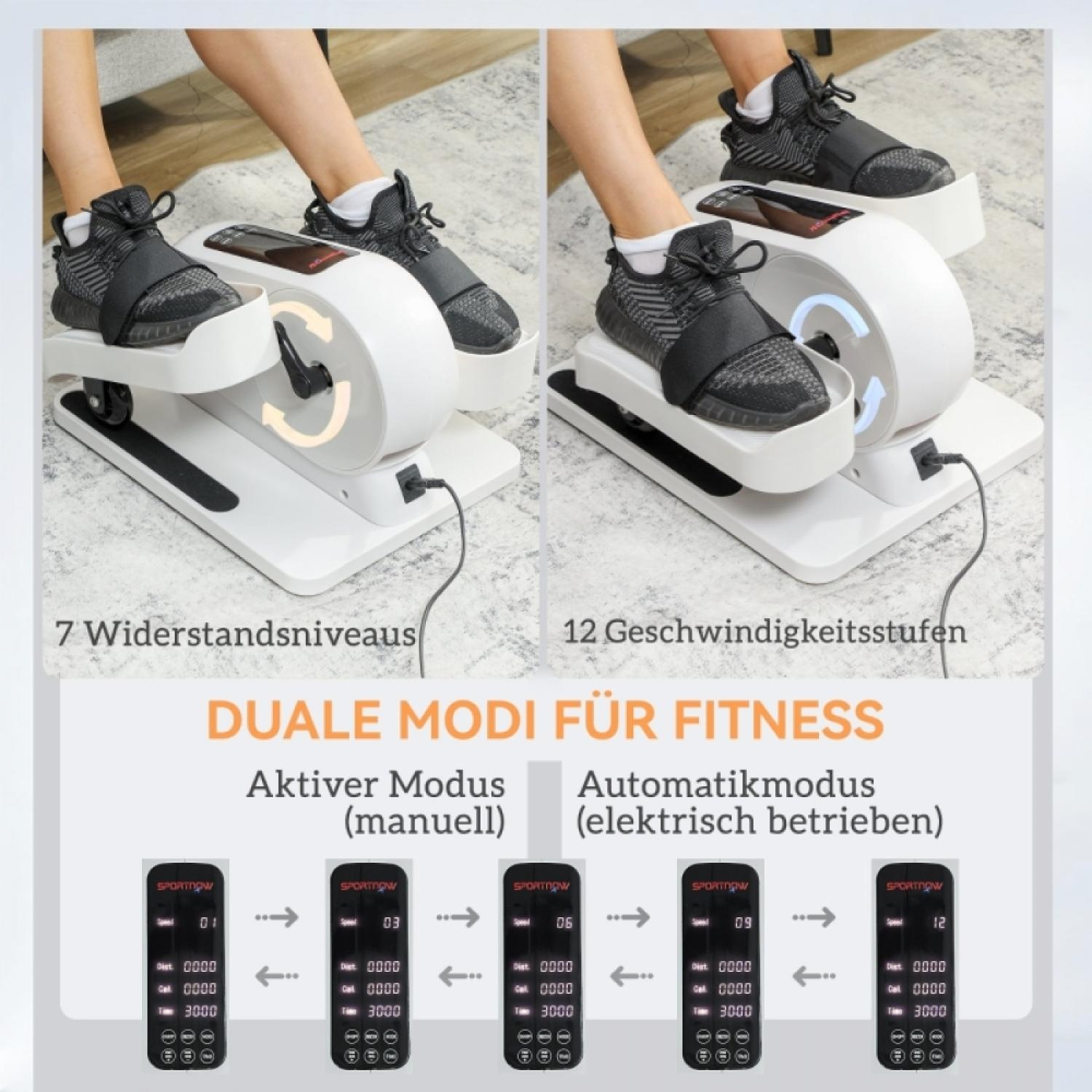 Zwei Fitnessgeräte zeigen verschiedene Modi und Widerstandsstufen an.