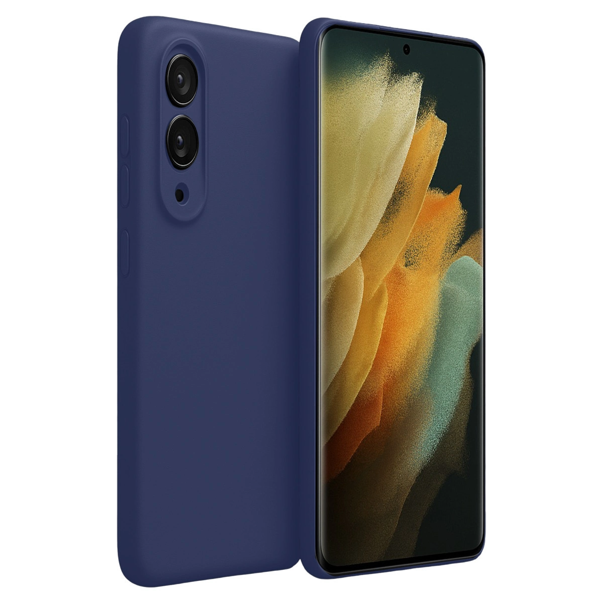 Çift kameralı lacivert telefon kılıfı, renkli duvar kağıtlı akıllı telefonun yanında.