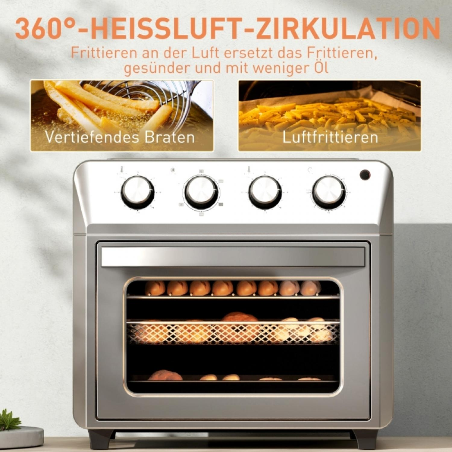 Ein silberner Heißluftfritteusenofen mit drei Einschüben, gefüllt mit Brot und Gebäck.