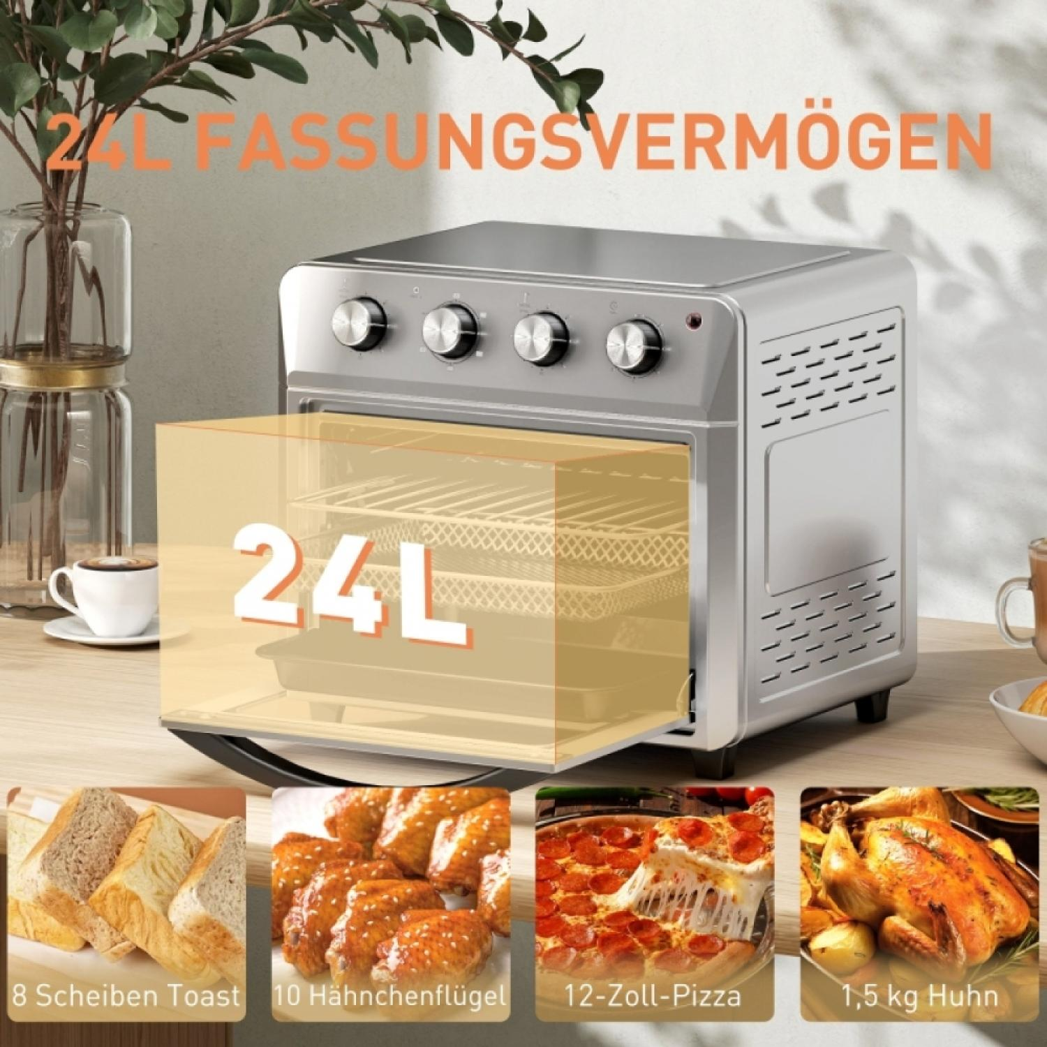 Silberner Ofen mit 24L Kapazität, zeigt Toast, Hähnchenflügel, Pizza & Huhn.