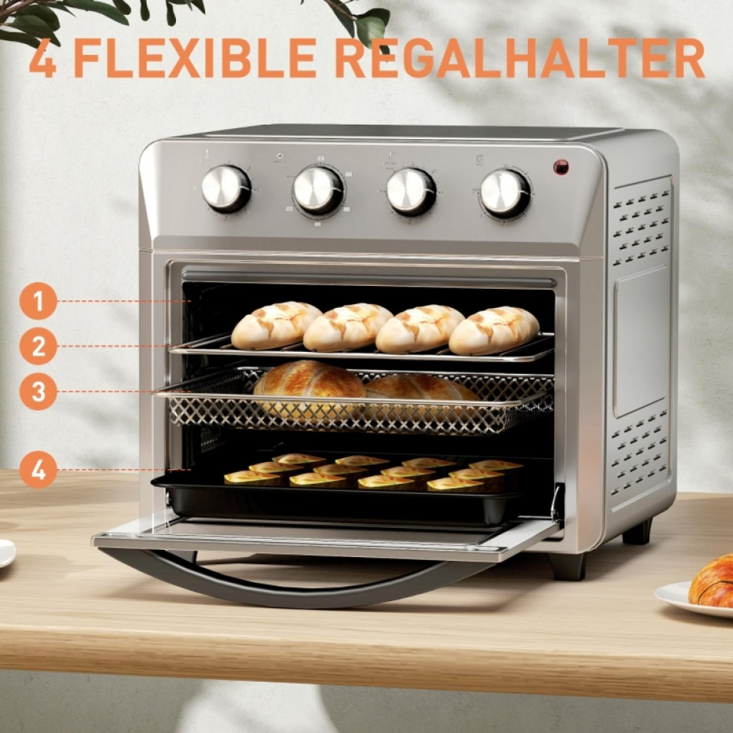 Silberner Ofen mit vier Ebenen für Lebensmittel, mit Brötchen und Pommes.