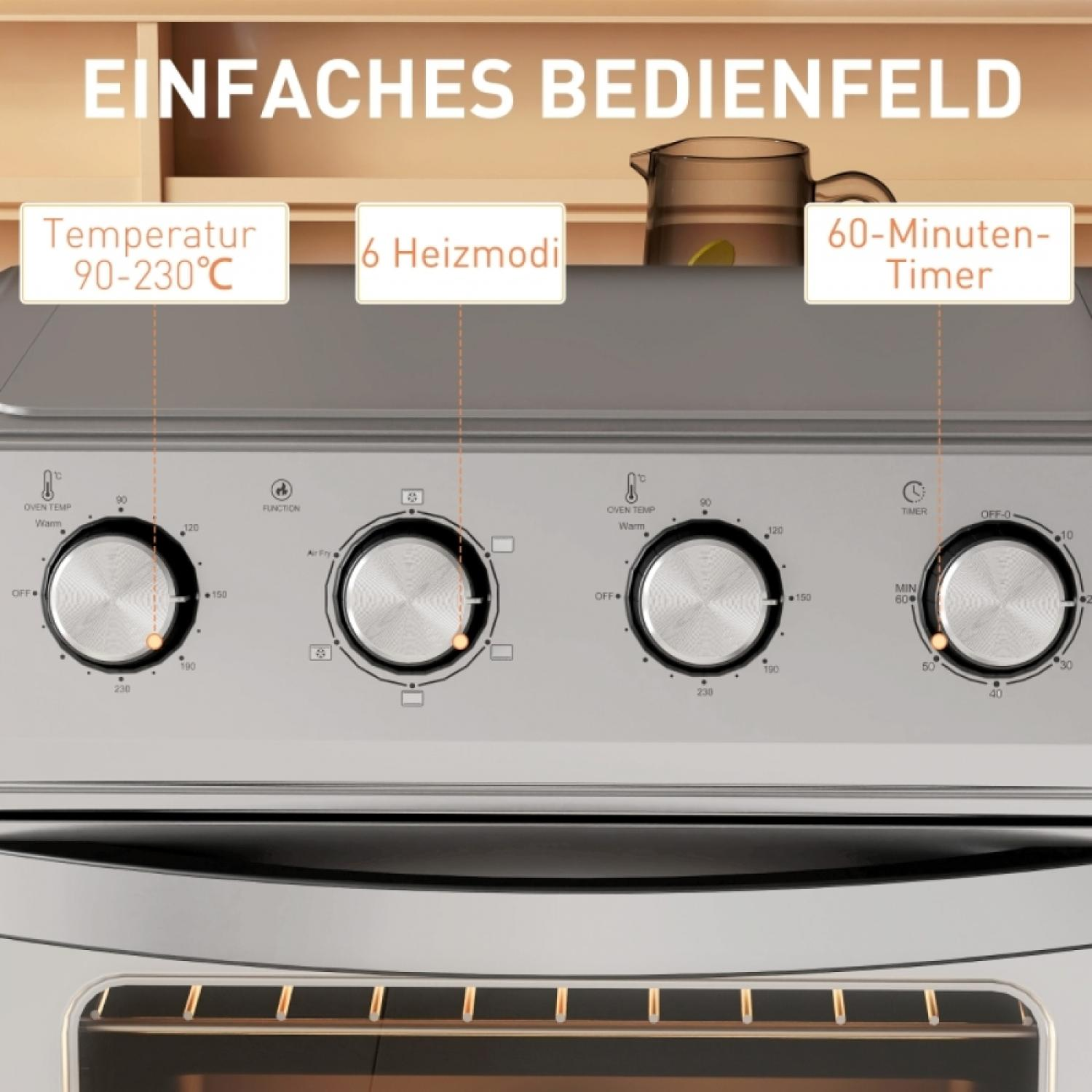 Nahaufnahme eines Ofen-Bedienfelds mit vier Drehknöpfen und Temperaturanzeige.