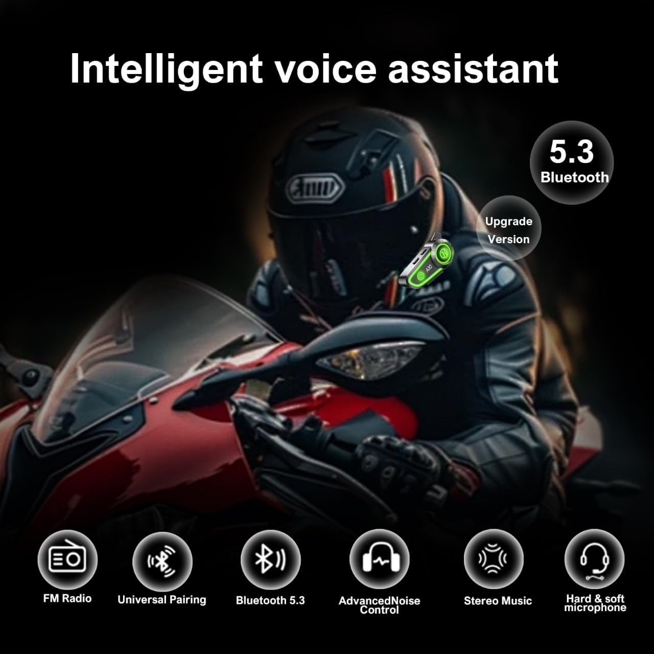 Motorradfahrer mit Helm, rotes Motorrad, Bluetooth-Gerät, Icons für FM, Pairing, BT 5.3, Lärmkontrolle, Musik, Mikrofon.