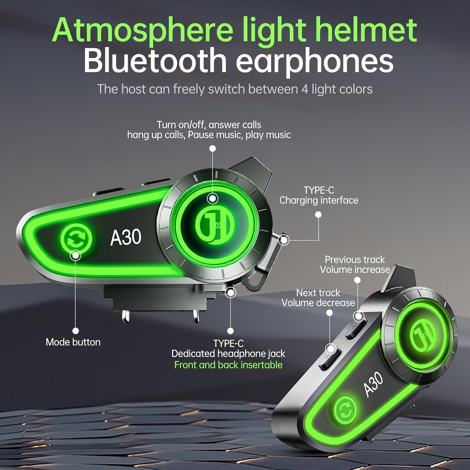 Atmosphärische Helm-Bluetooth-Kopfhörer mit grünen Lichtern und Bedienelementen.