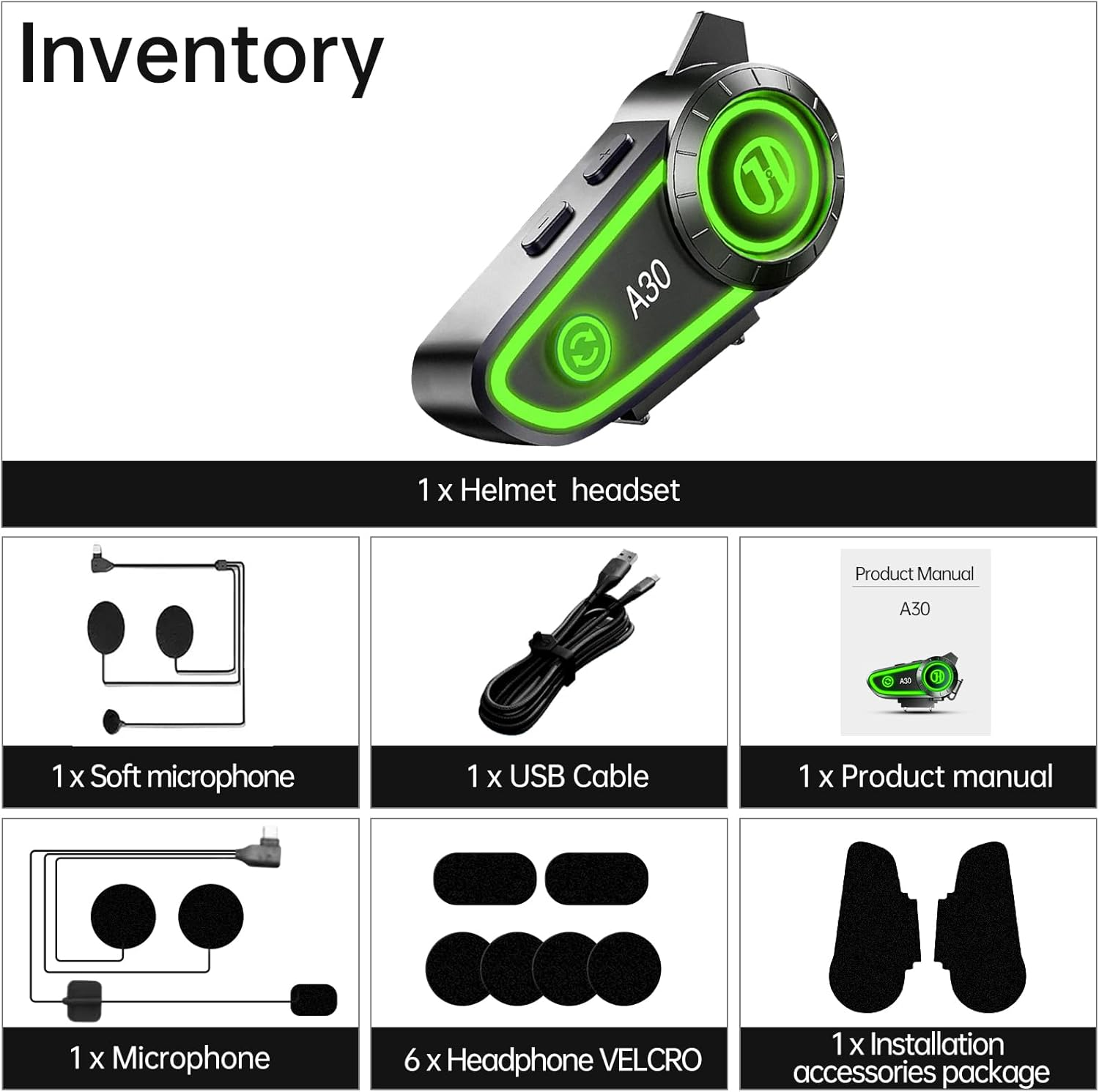 Inventar: Helm-Headset, Mikrofon, USB-Kabel, Handbuch, Klettverschlüsse, Montagezubehör.