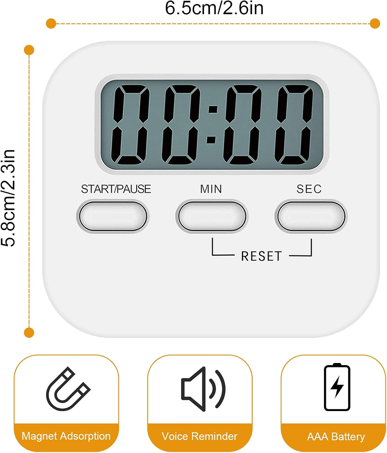 Weißer digitaler Timer mit 00:00 Anzeige, Start/Pause, Min, Sek, Reset-Tasten.