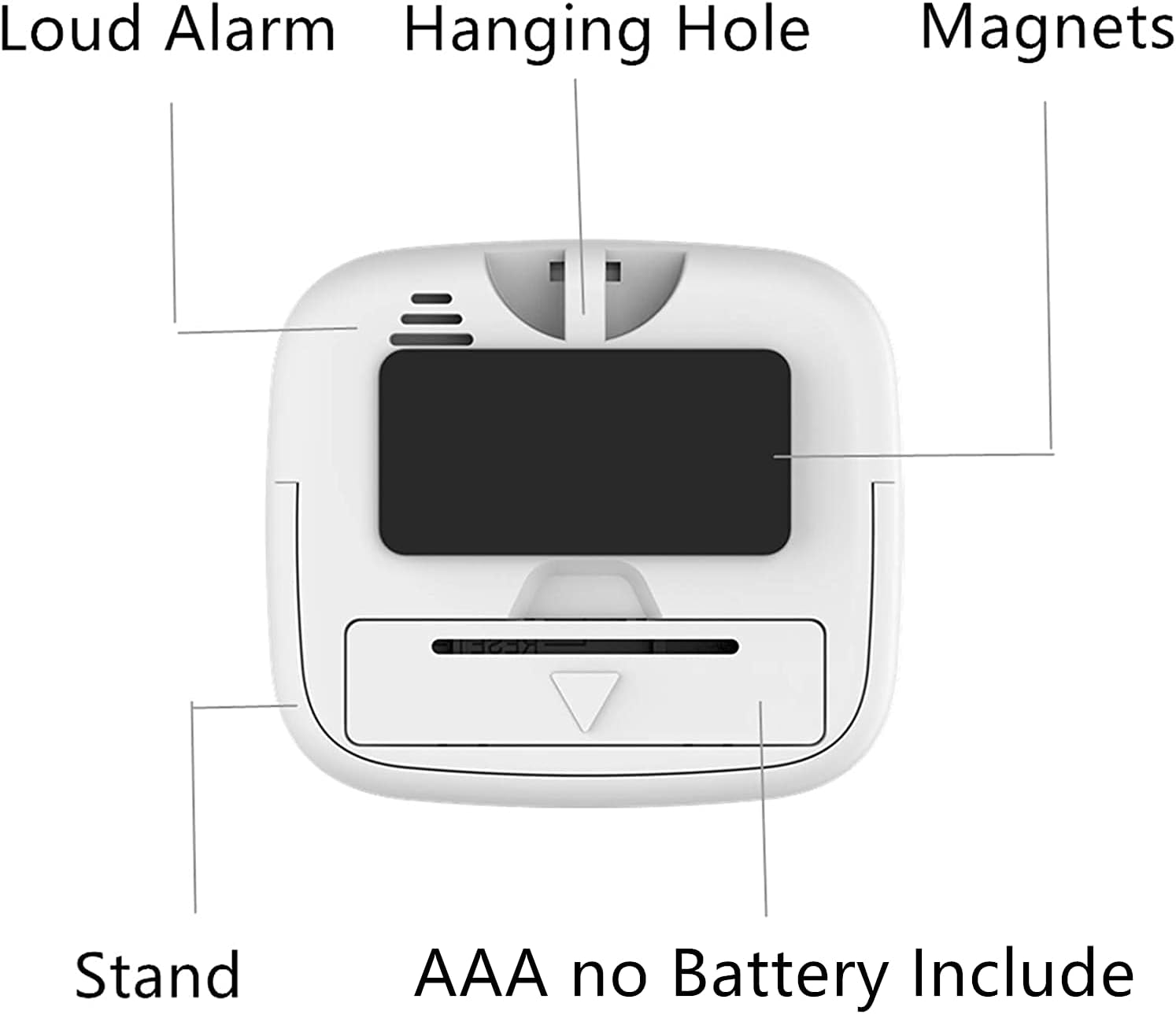 Weier Timer mit schwarzem Display, Standfu, Aufhngeoch und Magneten.