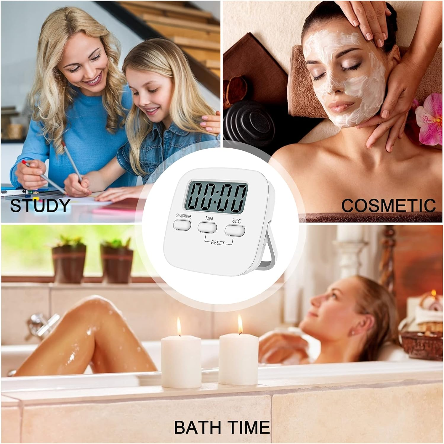 Vier Collagen: Lernen, Kosmetik, Baden. Digitaler Timer im Zentrum.