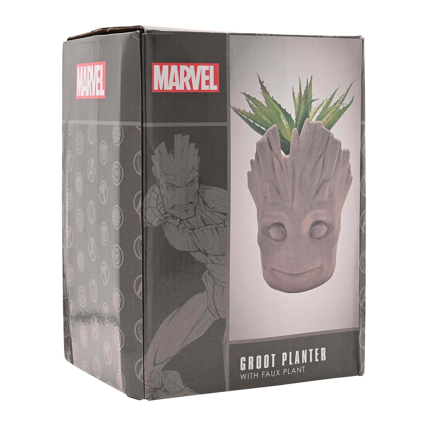 Eine schwarze Box mit Marvel-Logo, einer Groot-Illustration und einem Groot-Pflanzgefäß mit Kunstpflanze. Text: „GROOT PLANTER WITH FAUX PLANT“.