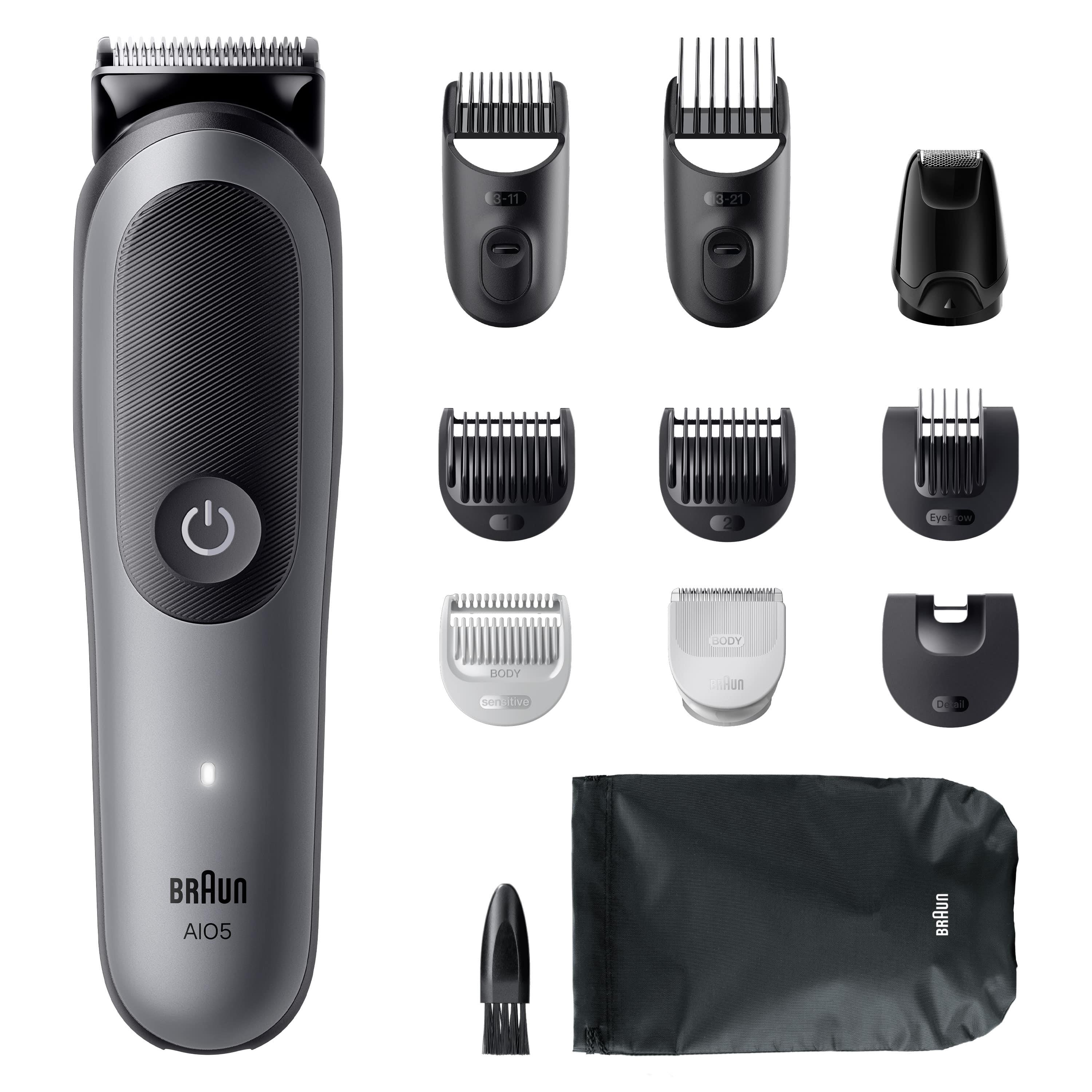 Rasoio da barba Braun grigio con vari accessori e custodia nera.