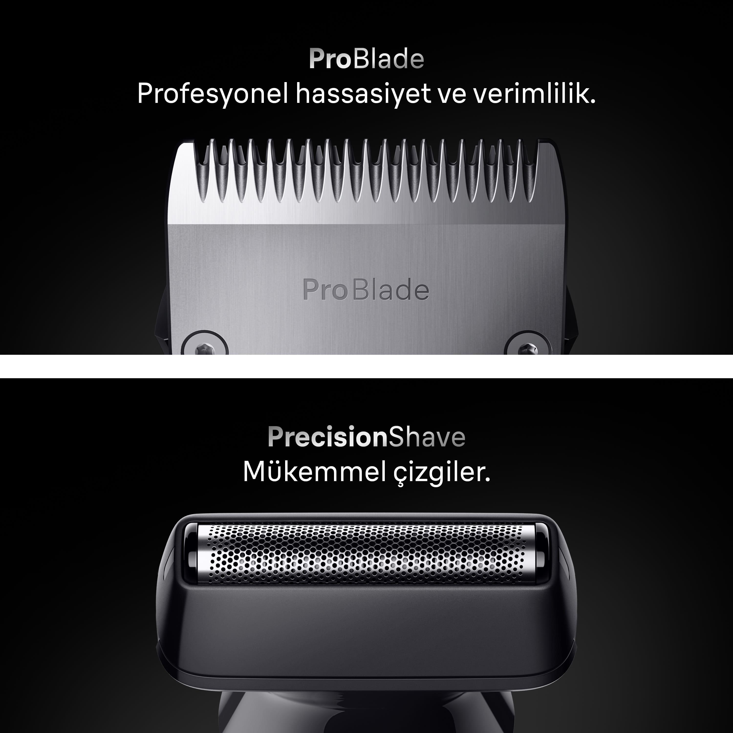 Nahaufnahme: Zwei Scherköpfe für Trimmer. Einer mit ProBlade, der andere mit Präzisionsrasur.
