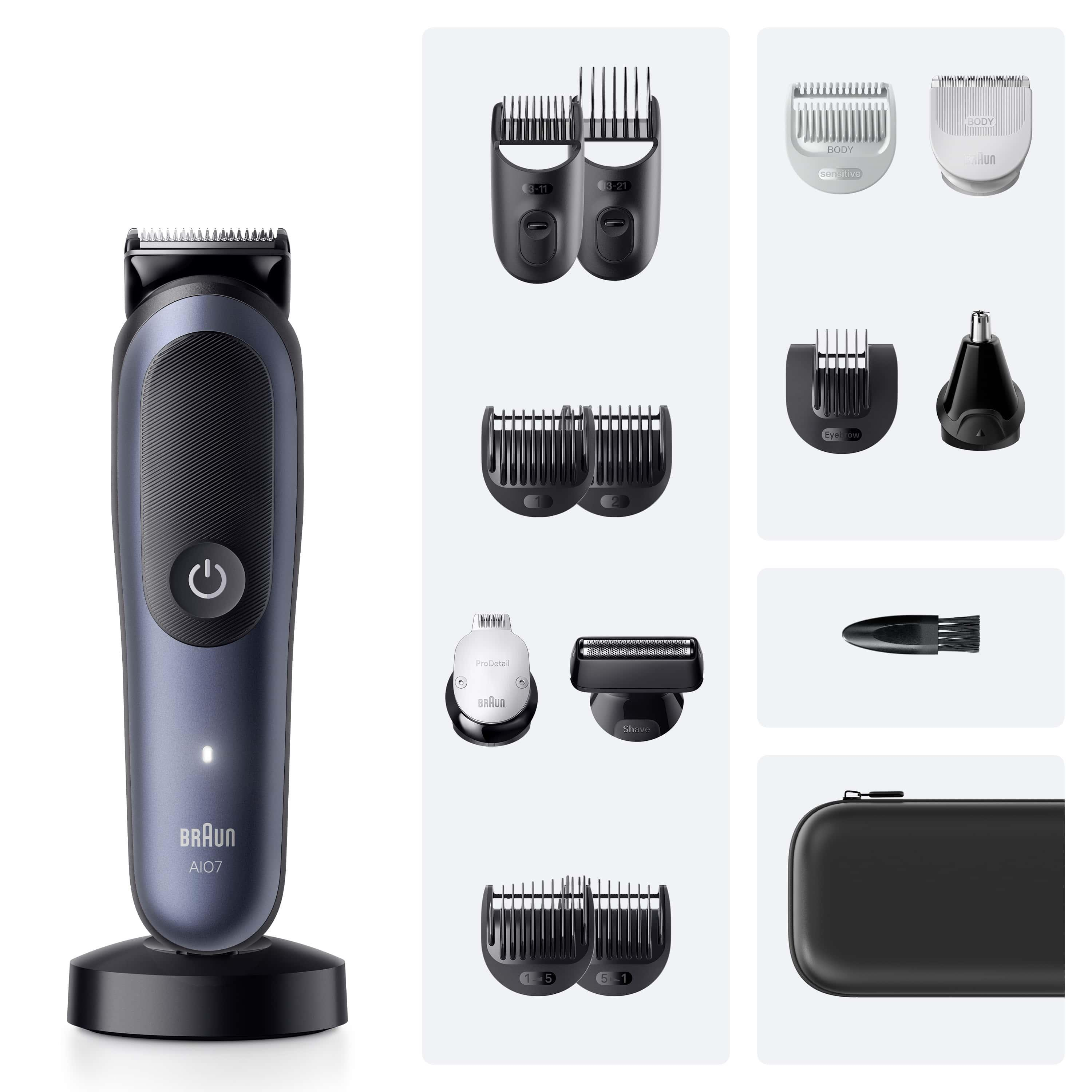 Un rifinitore per barba Braun blu con accessori, rifinitore naso, spazzola e custodia.