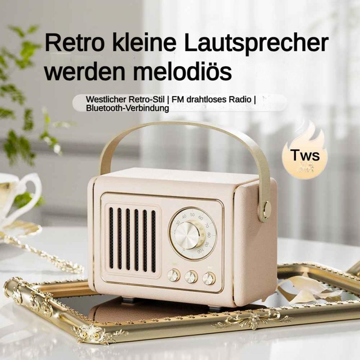 Ein beiger Retro-Lautsprecher mit Radiofunktion und Tragegriff steht auf einem Tablett.