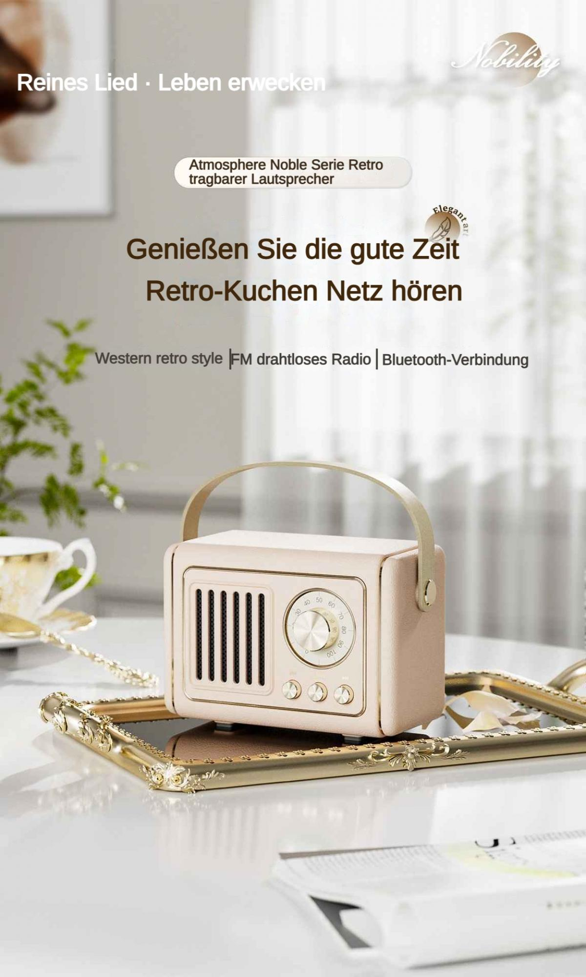 Ein rosafarbener Retro-Lautsprecher mit Tragegriff und Radio-Zifferblatt auf einem Tablett.