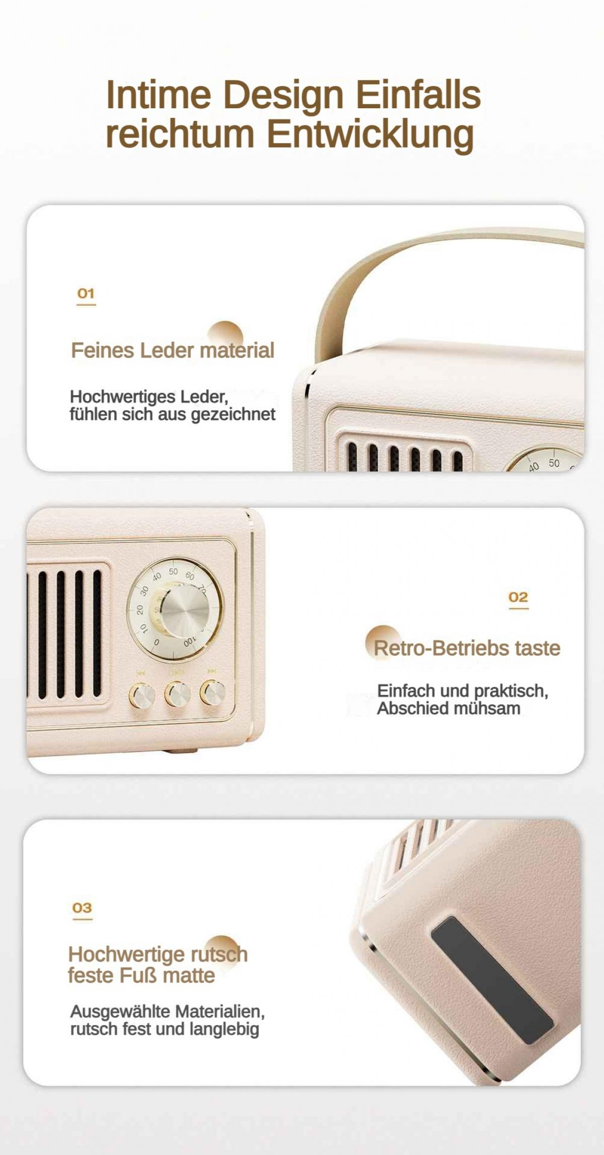 Ein beigefarbener Retro-Lautsprecher mit Lederdetails und Bedienelementen.