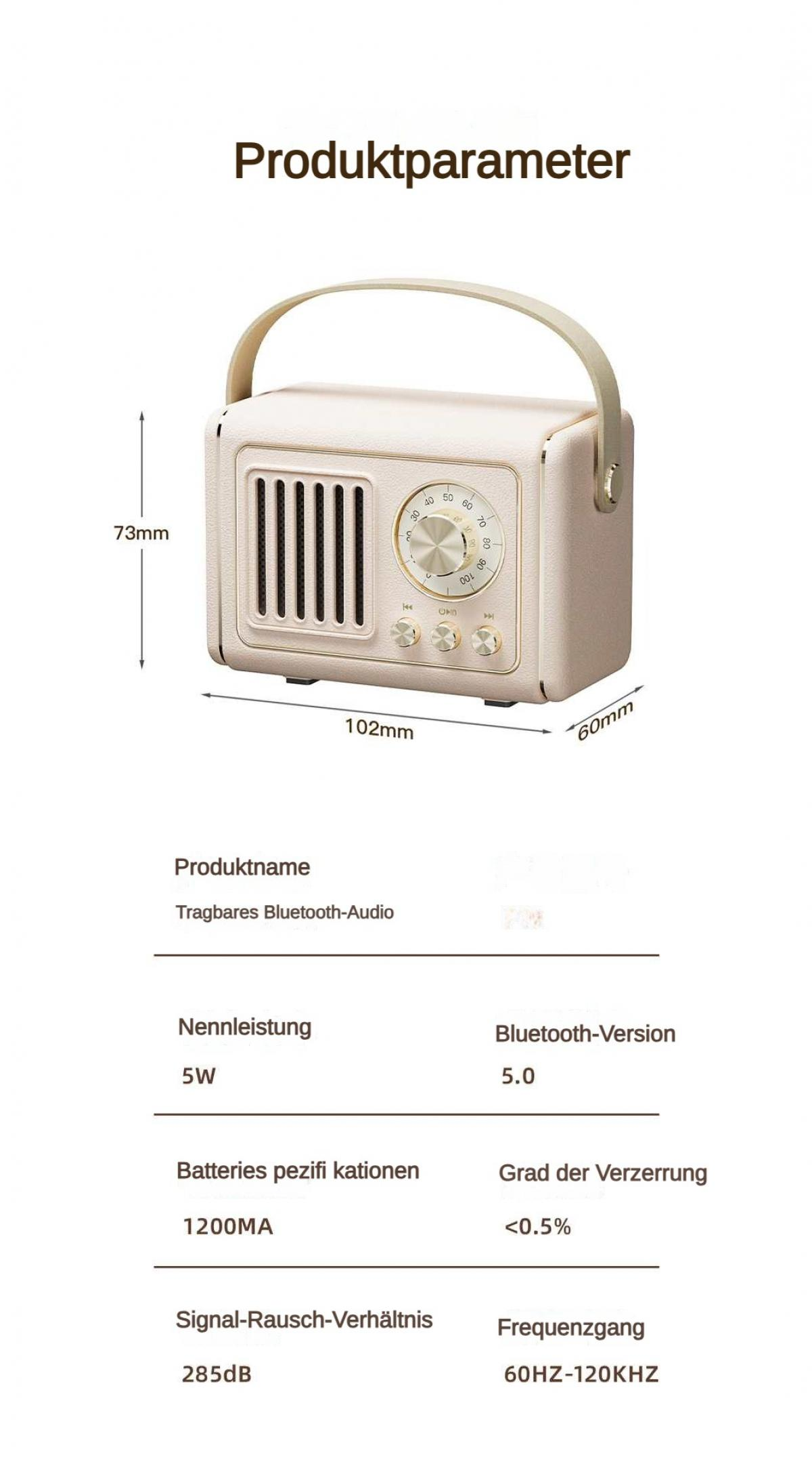 Ein cremefarbener Retro-Bluetooth-Lautsprecher mit Maßen und Spezifikationen.