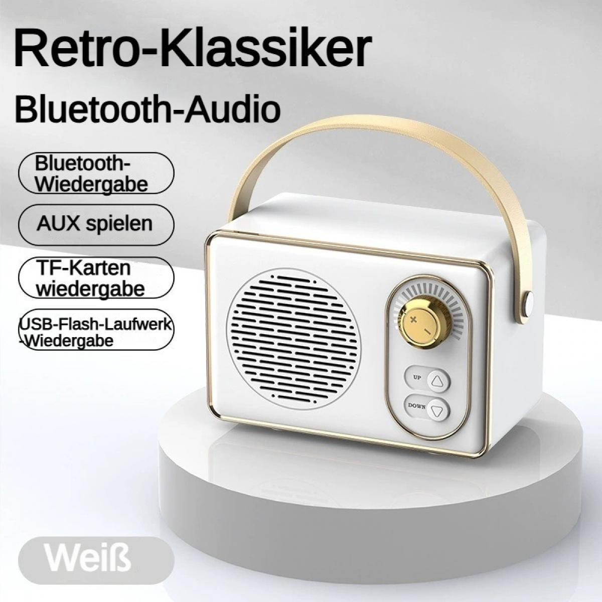 Ein weißer Retro-Bluetooth-Lautsprecher mit goldener Tragegriff und Bedienelementen.