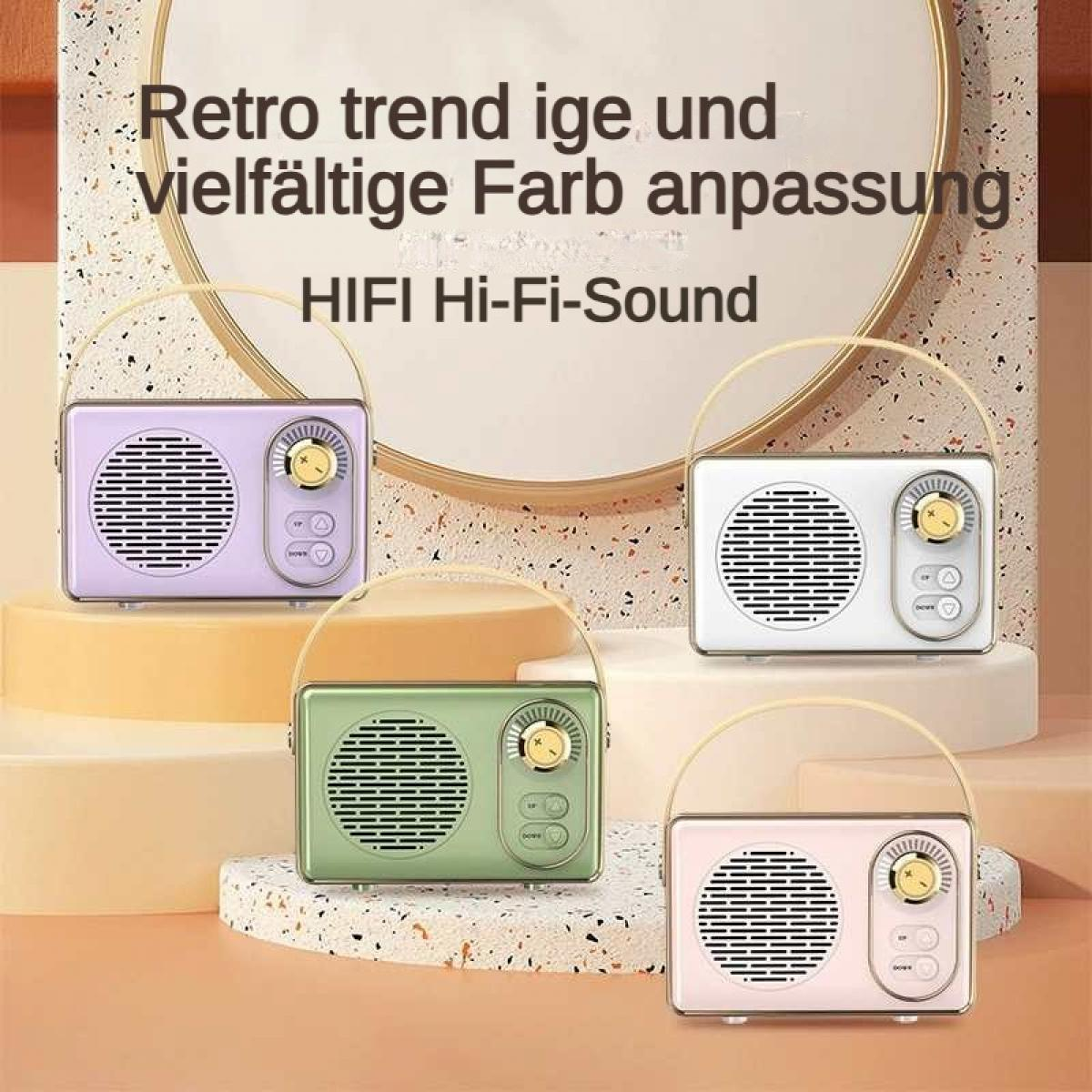 Vier Retro-Radios in Lila, Weiß, Grün und Rosa mit Tragegriffen und Knöpfen.