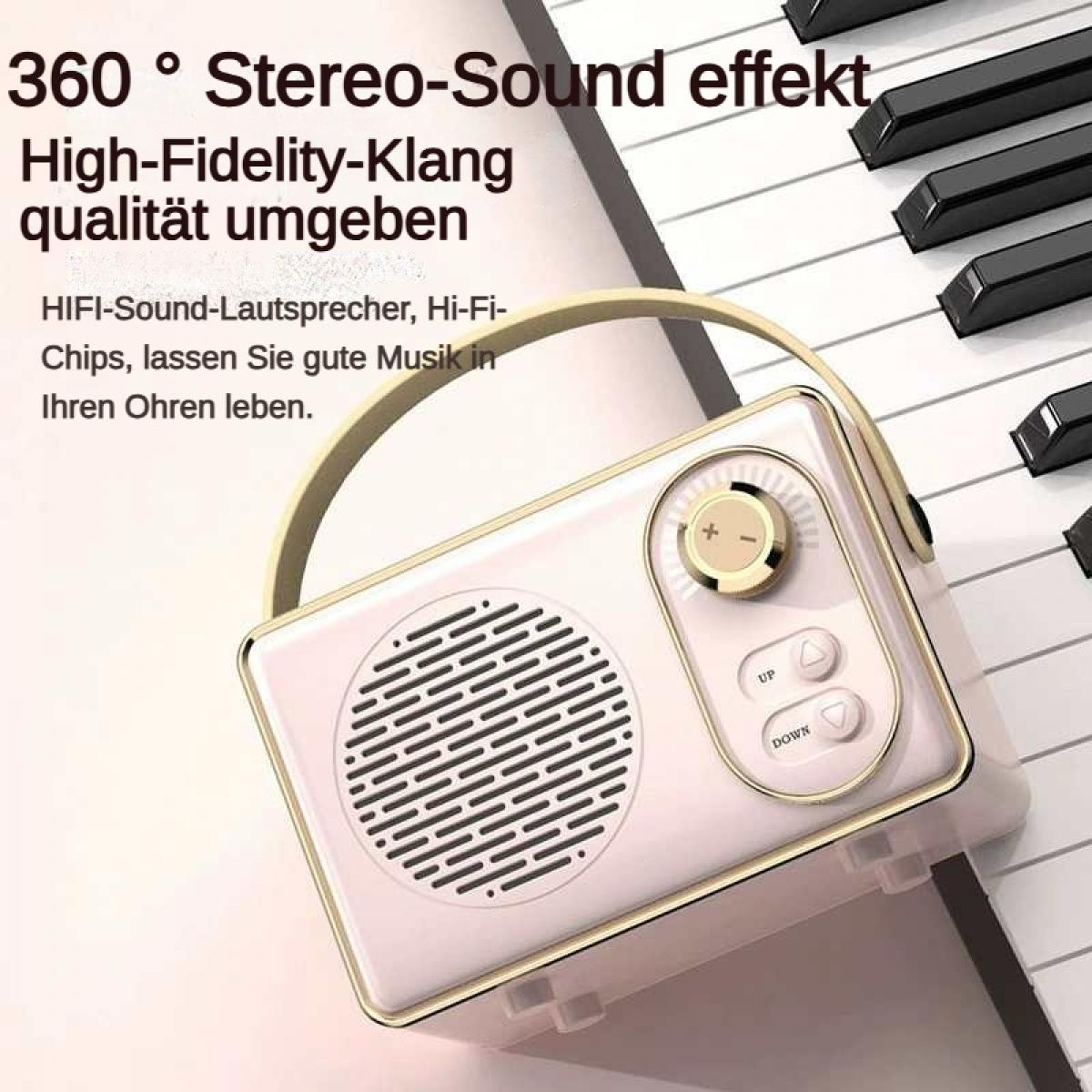 Ein rosa Retro-Radio mit goldenen Akzenten steht auf Klaviertasten.