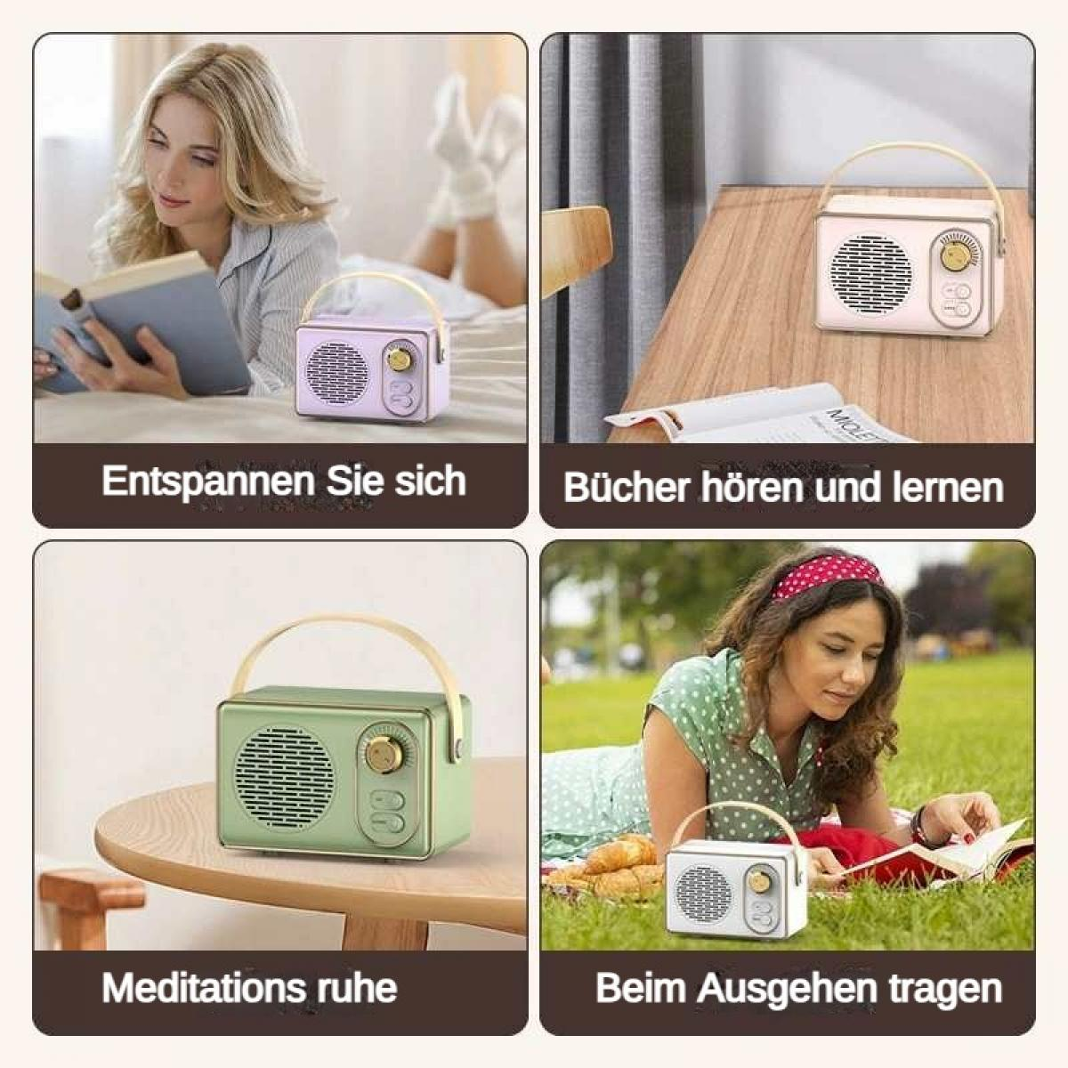 Vier Szenen mit einem Retro-Radio: Frau liest, Radio auf Tisch, Radio auf Tisch, Frau liest draußen.