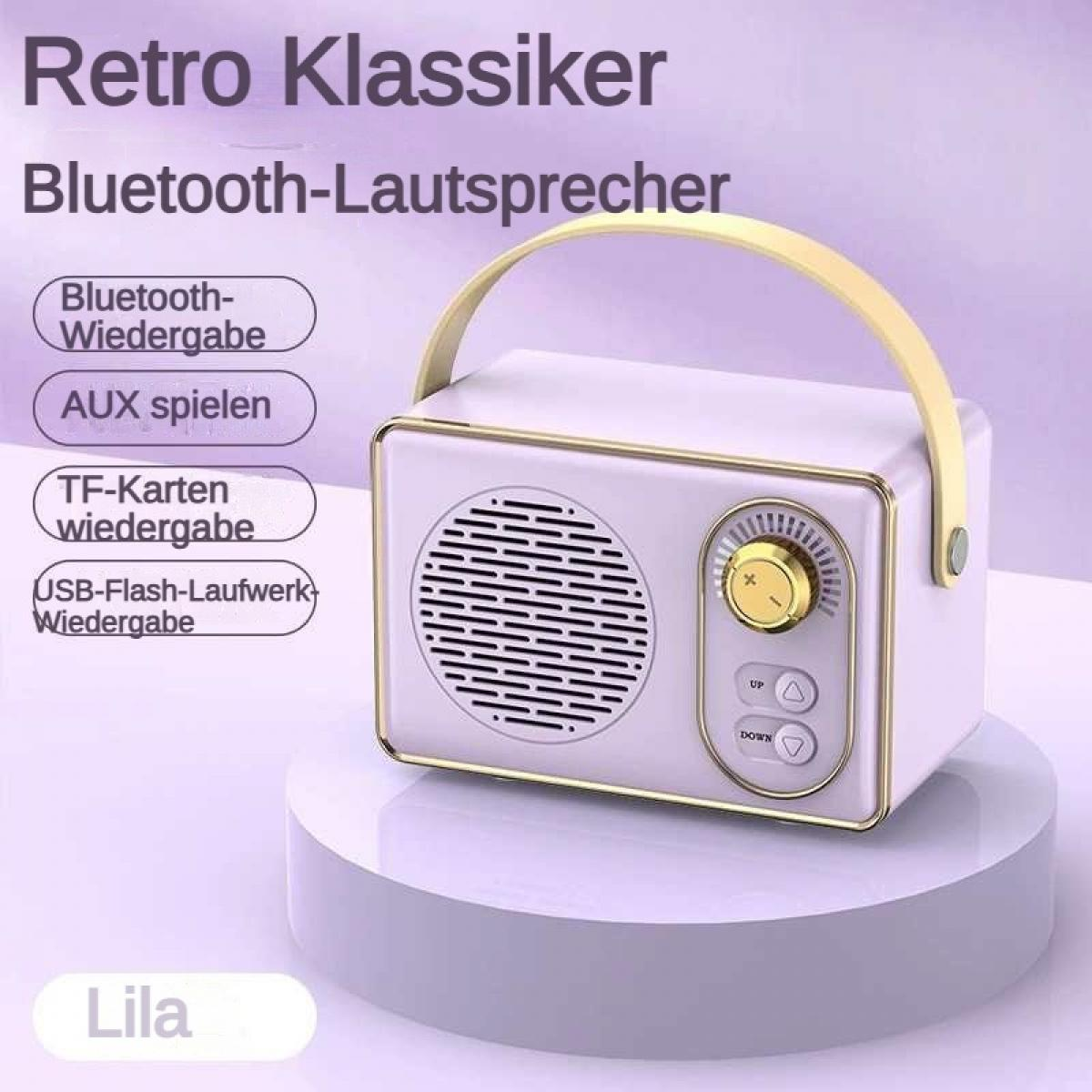 Ein lila Retro-Bluetooth-Lautsprecher mit goldenen Akzenten und einem Griff.