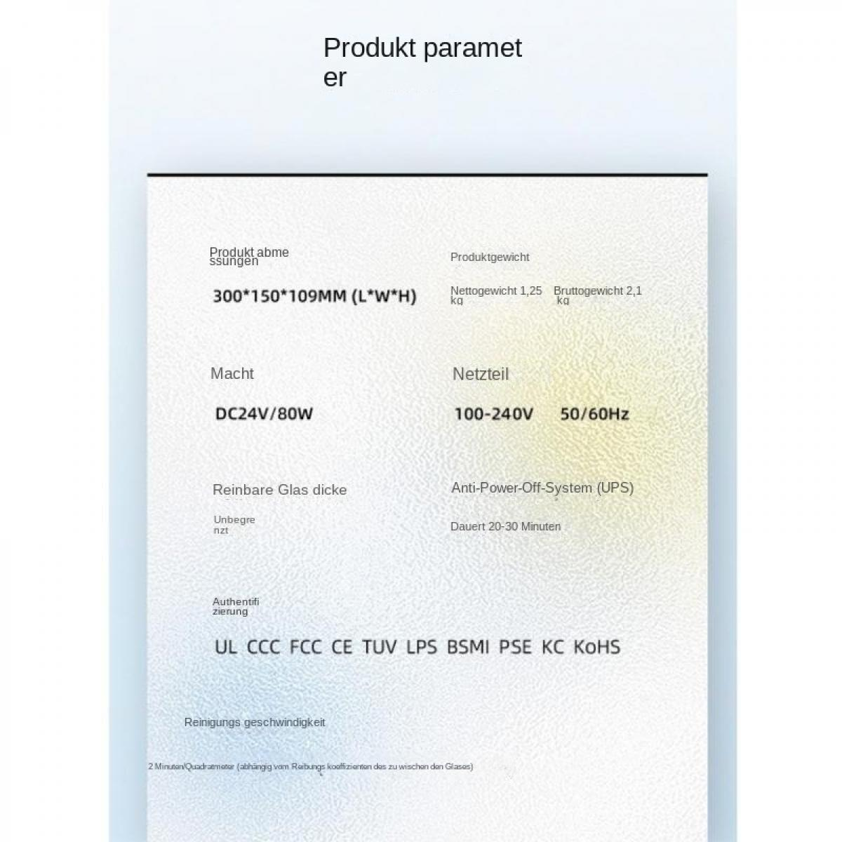 Produktspezifikationen: Größe 300x150x109mm, Gewicht 1,25/2,1kg, 24V/80W, 100-240V 50/60Hz.
