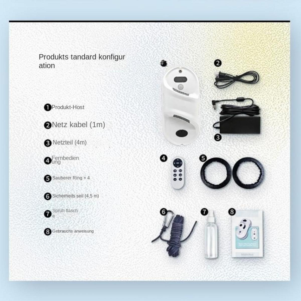 Produktkonfiguration mit Host, Kabeln, Netzteil, Fernbedienung, Ringen, Seil, Sprühflasche und Anleitung.