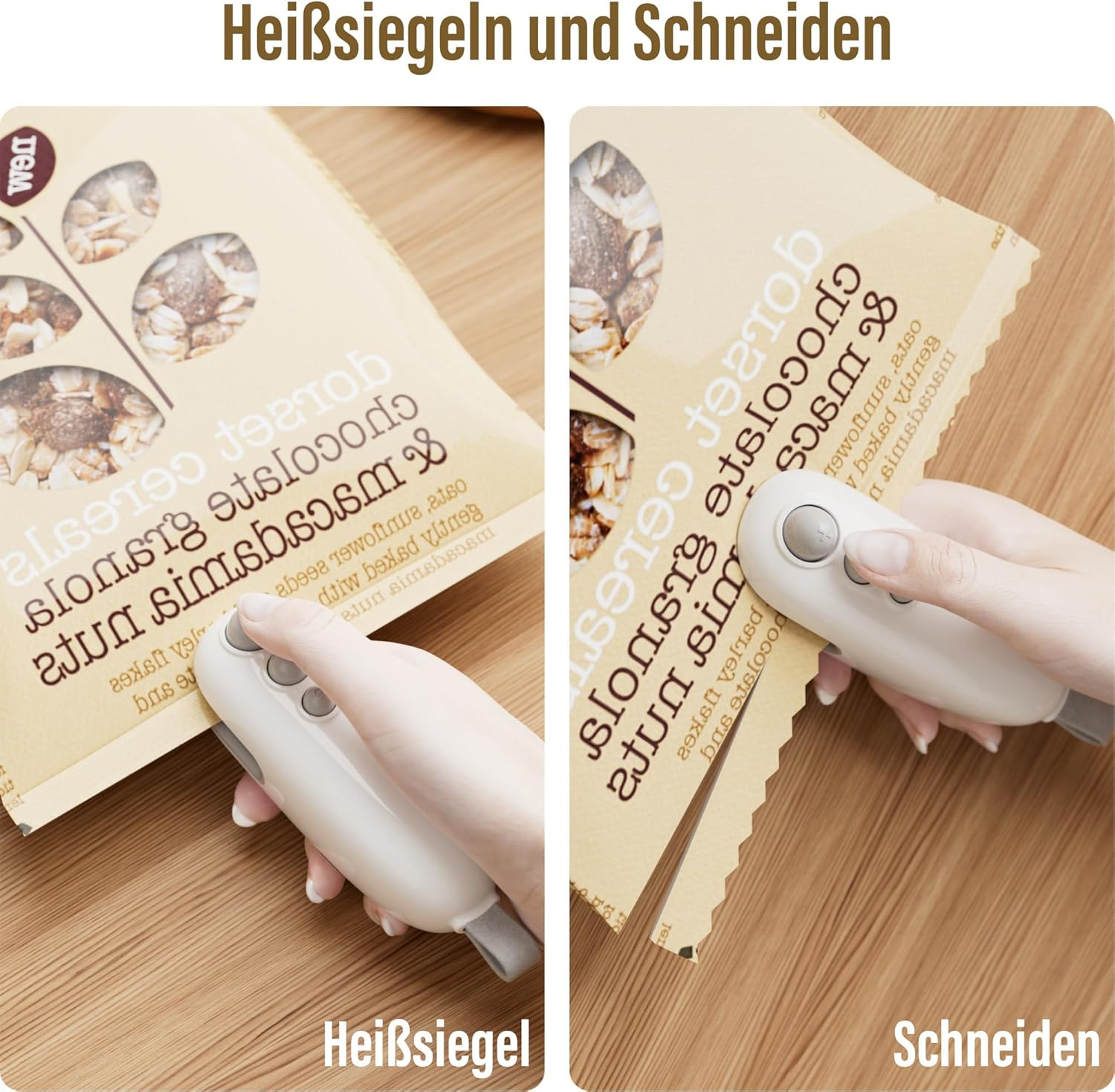 Eine Hand benutzt einen weißen Heißsiegelapparat, um eine Verpackung zu versiegeln und zu schneiden.