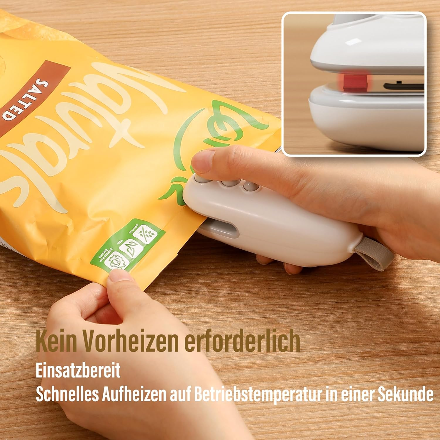 Ein weißes Gerät versiegelt eine gelbe Chipstüte. Kein Vorheizen nötig.