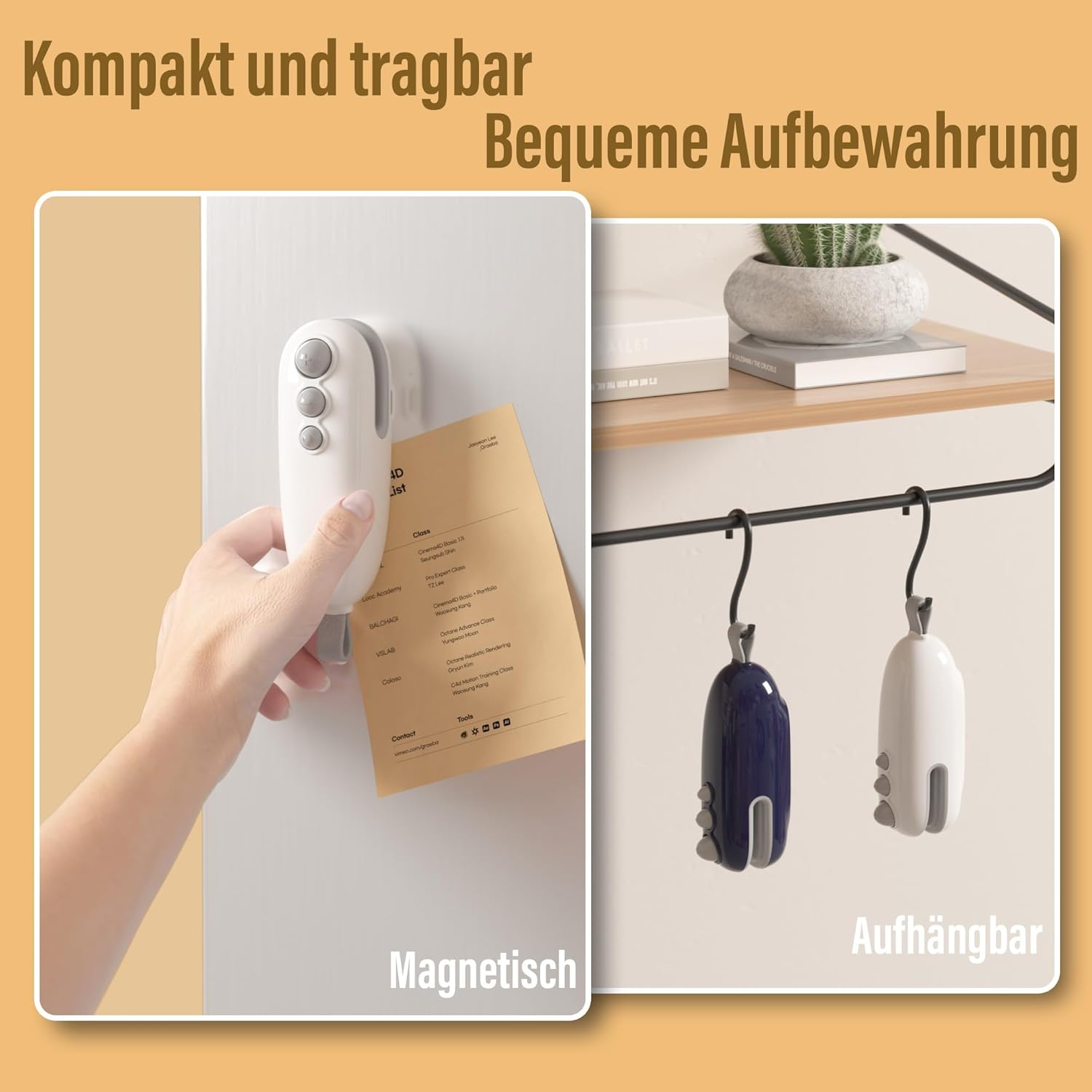 Kompakt und tragbar: Ein weißer Magnet-Haken haftet an einer Wand neben einer Liste. Zwei Haken hängen an einer Stange.