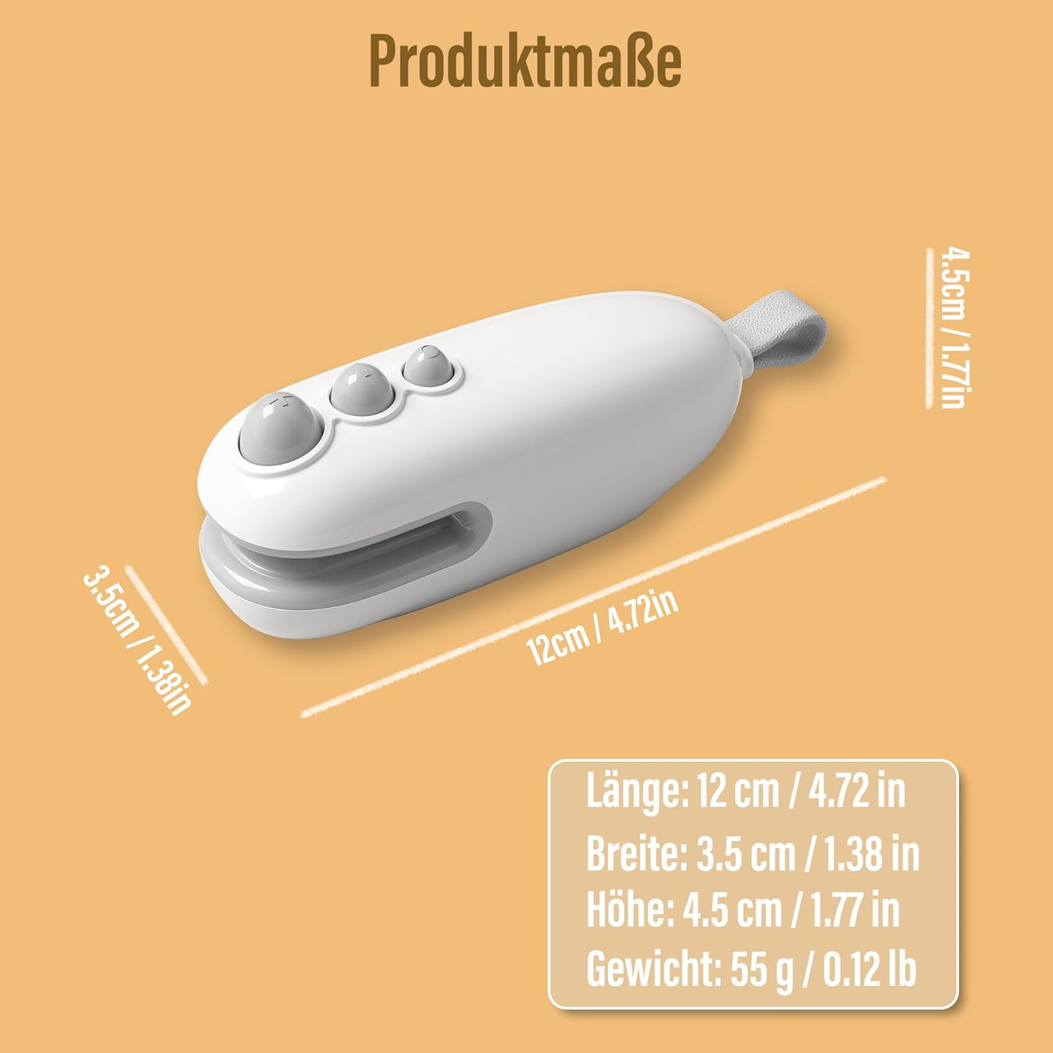 Ein weißes Gerät mit drei Knöpfen und Maßen: L:12cm, B:3.5cm, H:4.5cm.