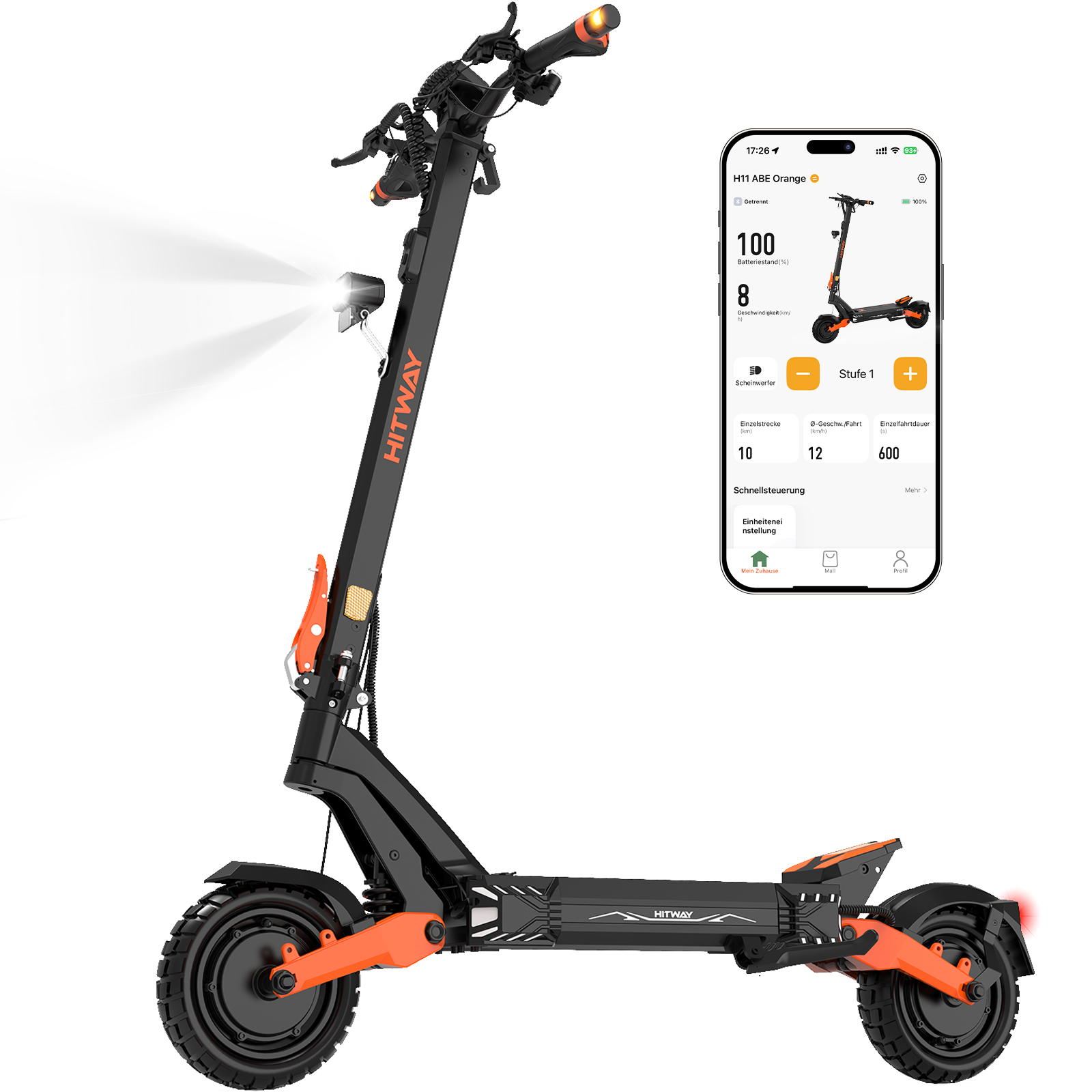 Schwarzer E-Scooter mit orangen Akzenten und leuchtendem Scheinwerfer, daneben ein Smartphone mit App-Anzeige.
