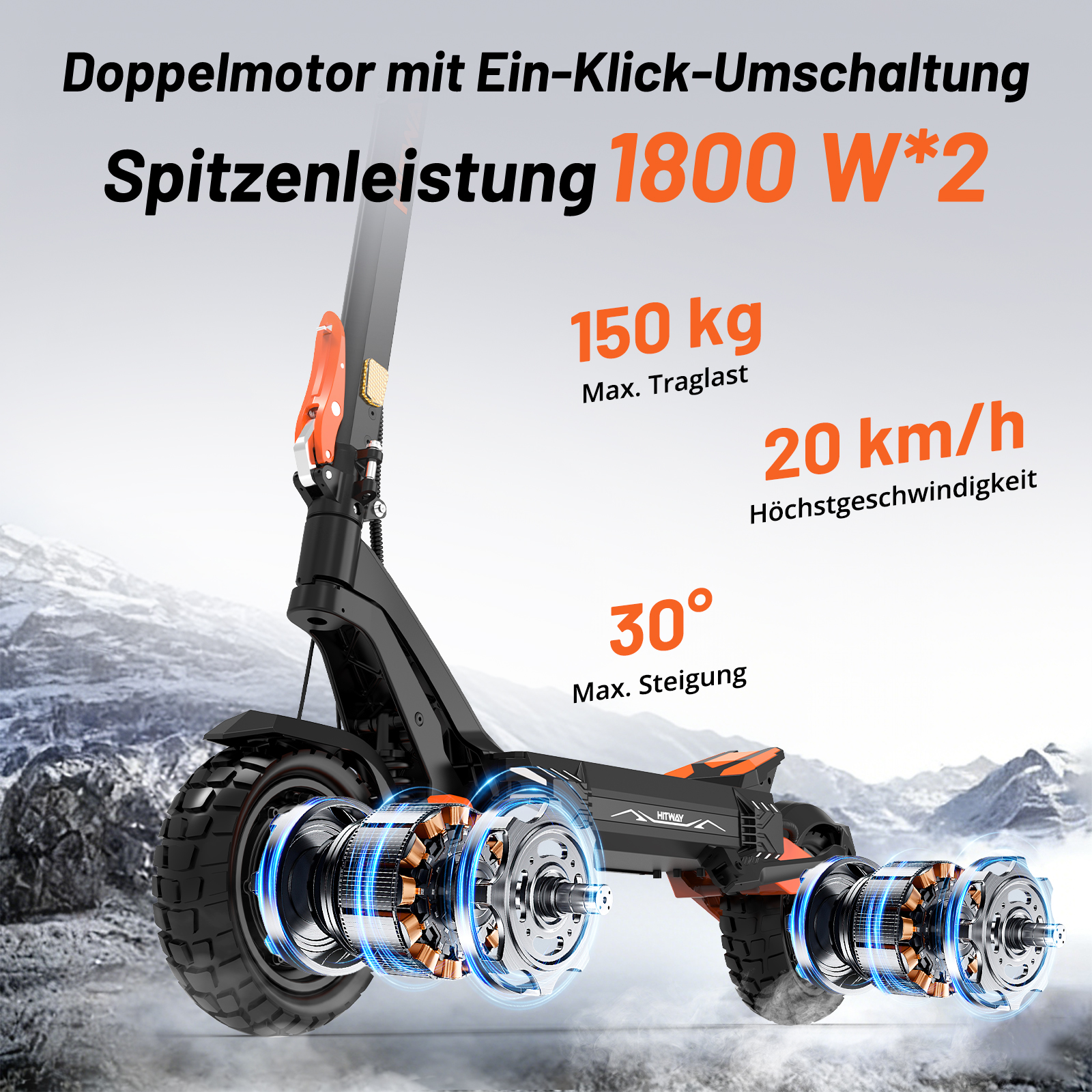 Ein E-Scooter mit Doppelmotor, 150kg Traglast, 20km/h max. Geschwindigkeit.