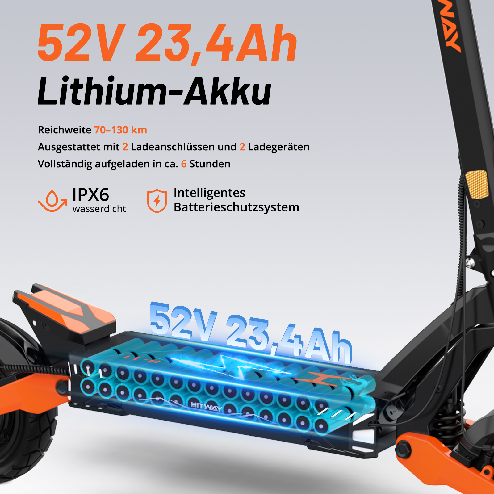 Ein E-Scooter mit 52V 23,4Ah Lithium-Akku, IPX6 wasserdicht und intelligentem Batterieschutz.