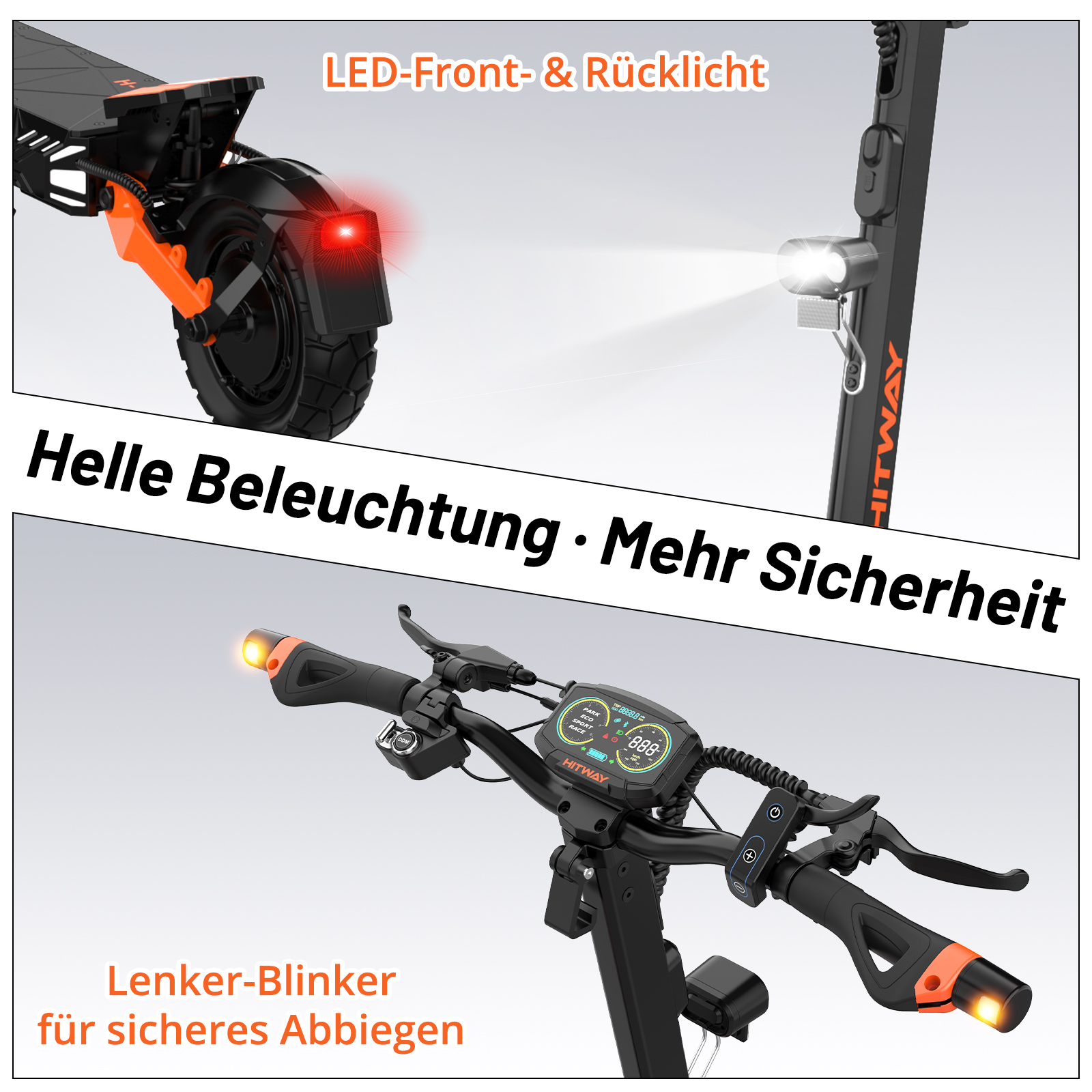 Elektroscooter mit LED-Front- und Rücklicht sowie Lenkerblinkern für Sicherheit.
