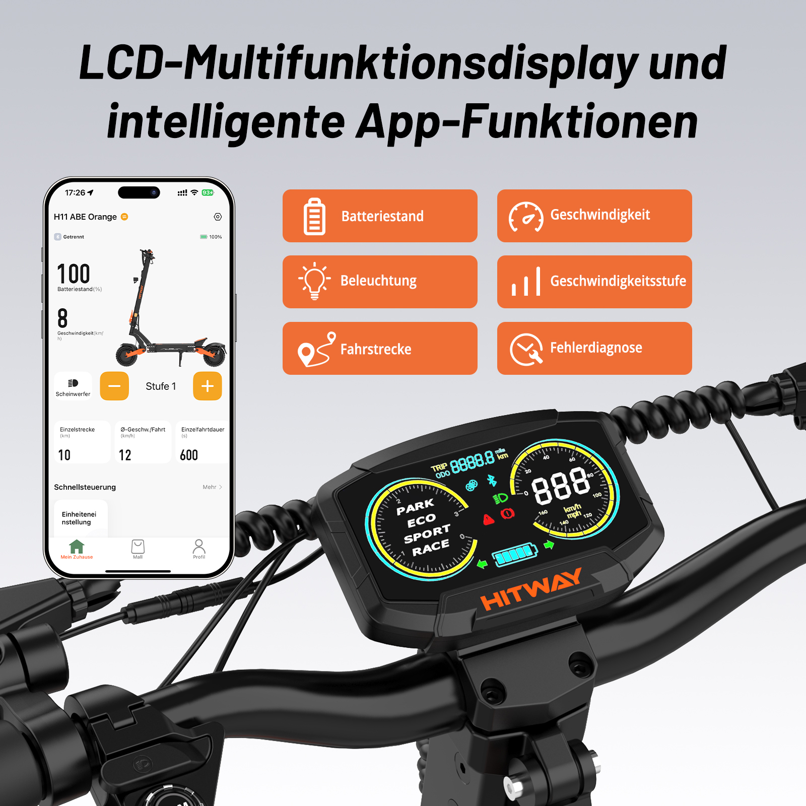 Display und Lenker eines E-Scooters mit App-Übersicht und Funktionen.