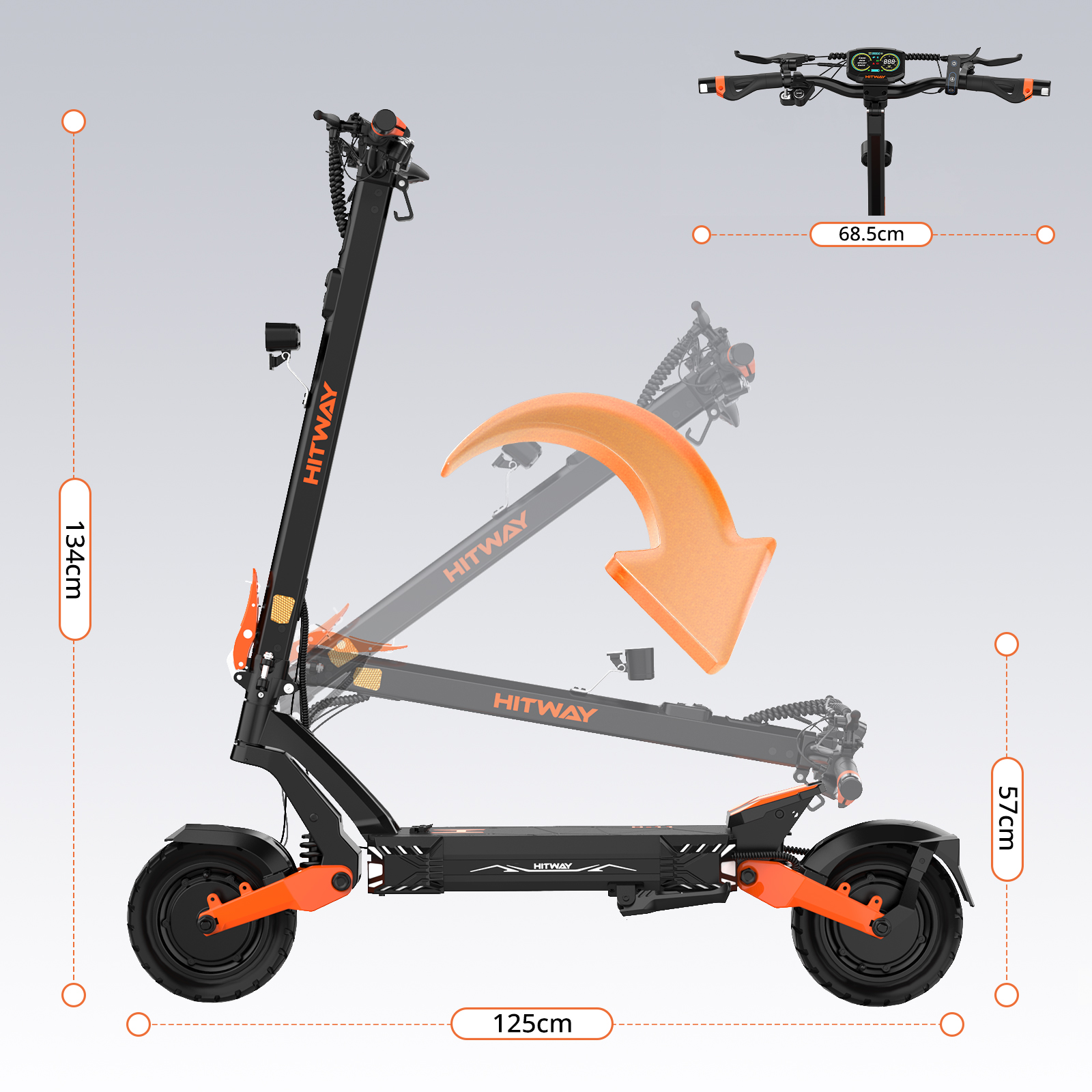 Ein schwarzer E-Scooter mit orangen Akzenten, Maße sind angegeben.