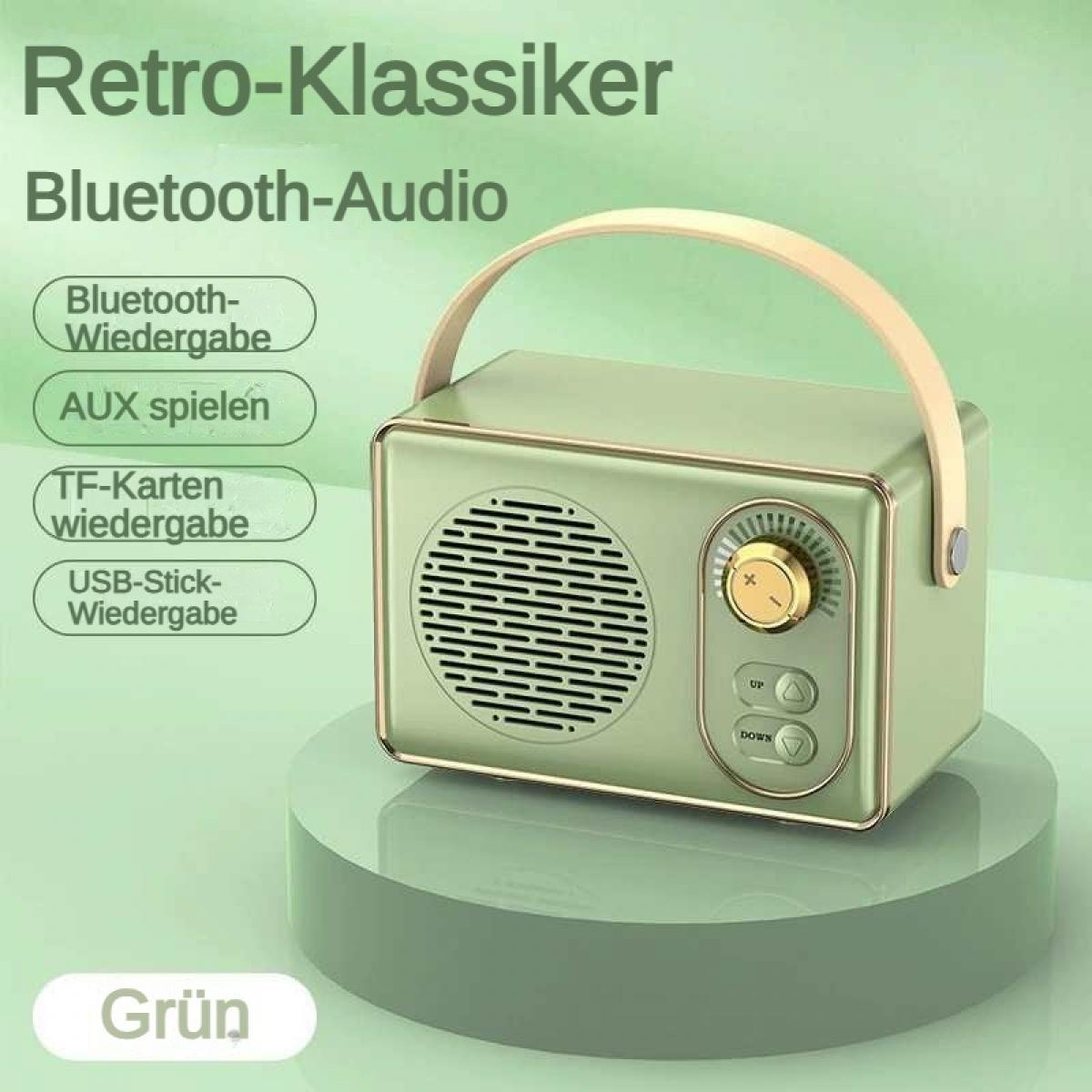 Grüner Retro-Lautsprecher mit Tragegriff und Bedienknöpfen.