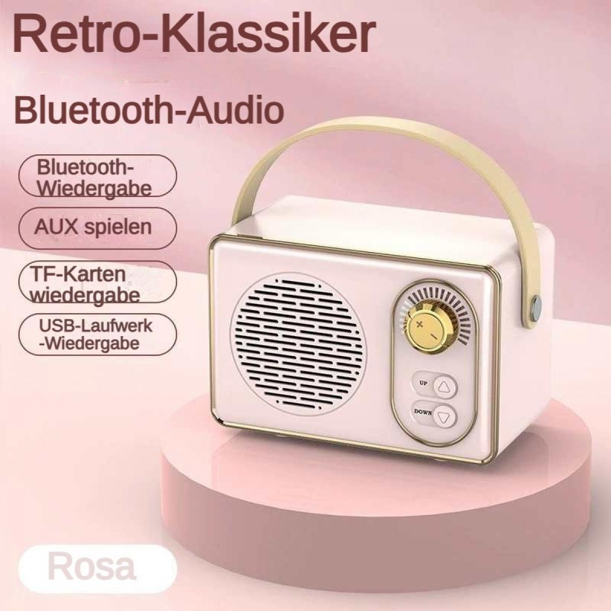 Ein retro Bluetooth-Lautsprecher in Rosa mit goldenen Akzenten und Ledergriff.
