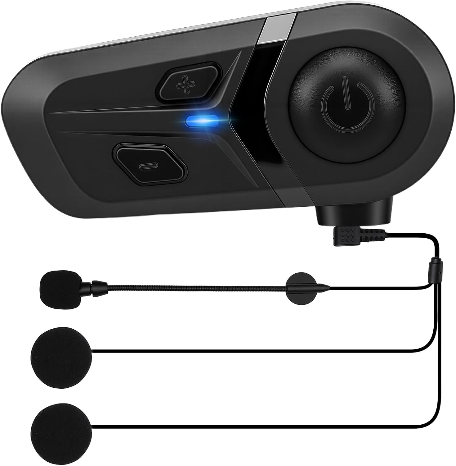 Ein schwarzes Bluetooth-Headset mit Mikrofonen und Ladekabel.