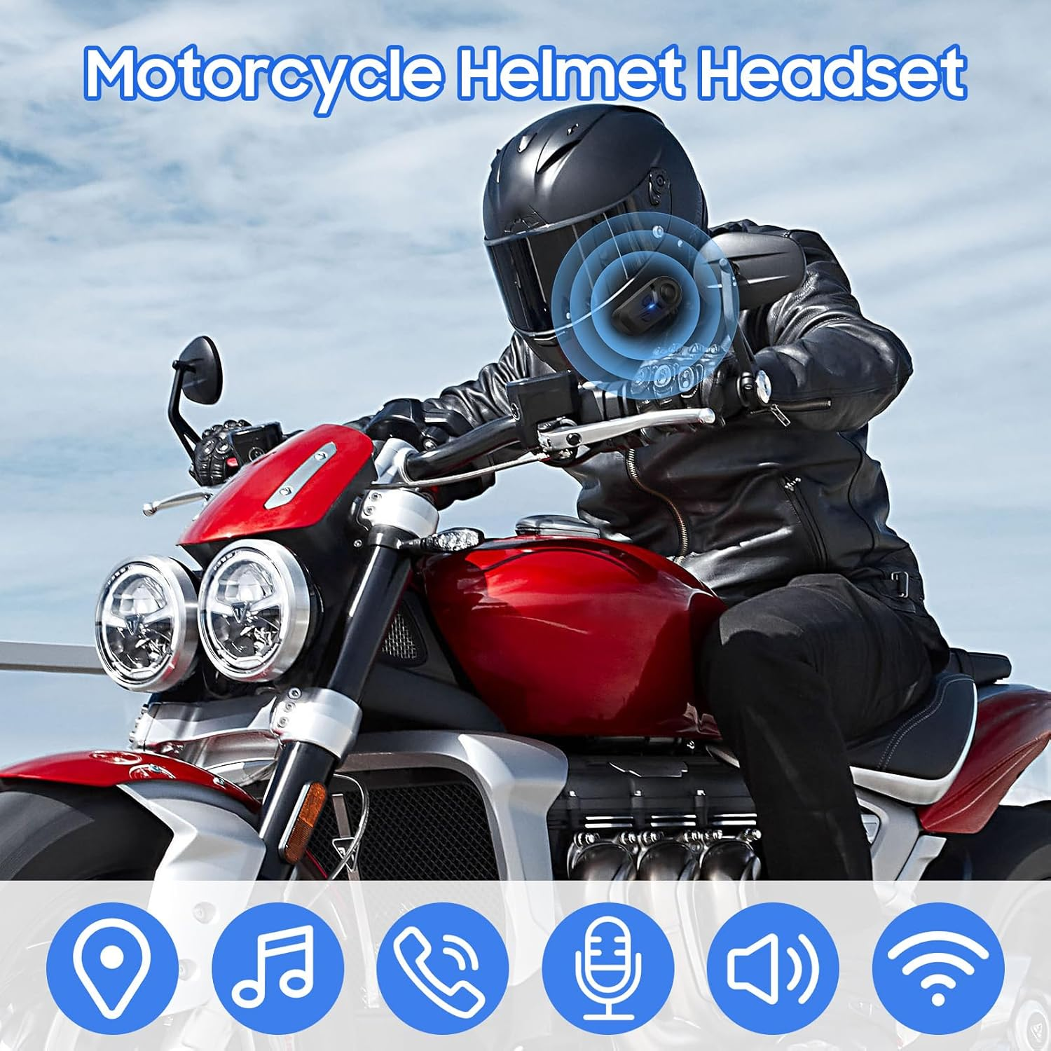 Motorradfahrer mit Helm und Headset auf rotem Motorrad.