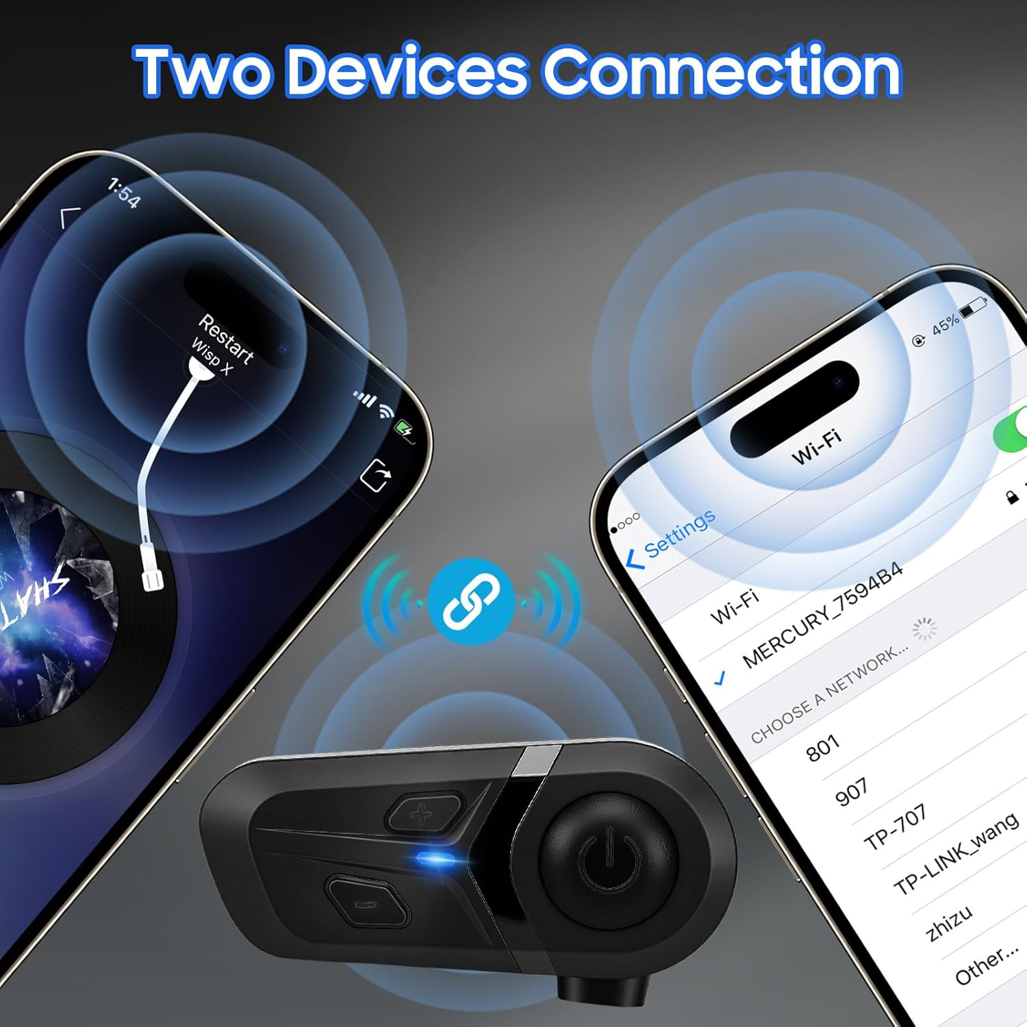 Zwei Telefone und ein Intercom-Gerät sind verbunden. Wi-Fi-Einstellungen sind sichtbar.